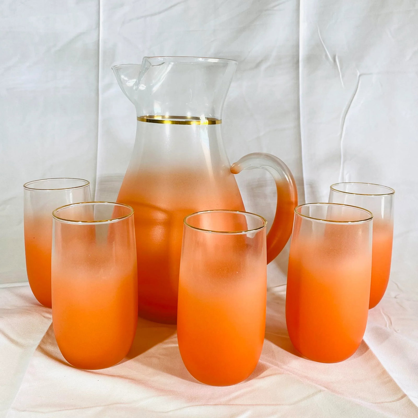Vintage Blendo Orange Frosted Glass Pitcher and Tumblers Set- 6 Pieces - 6
