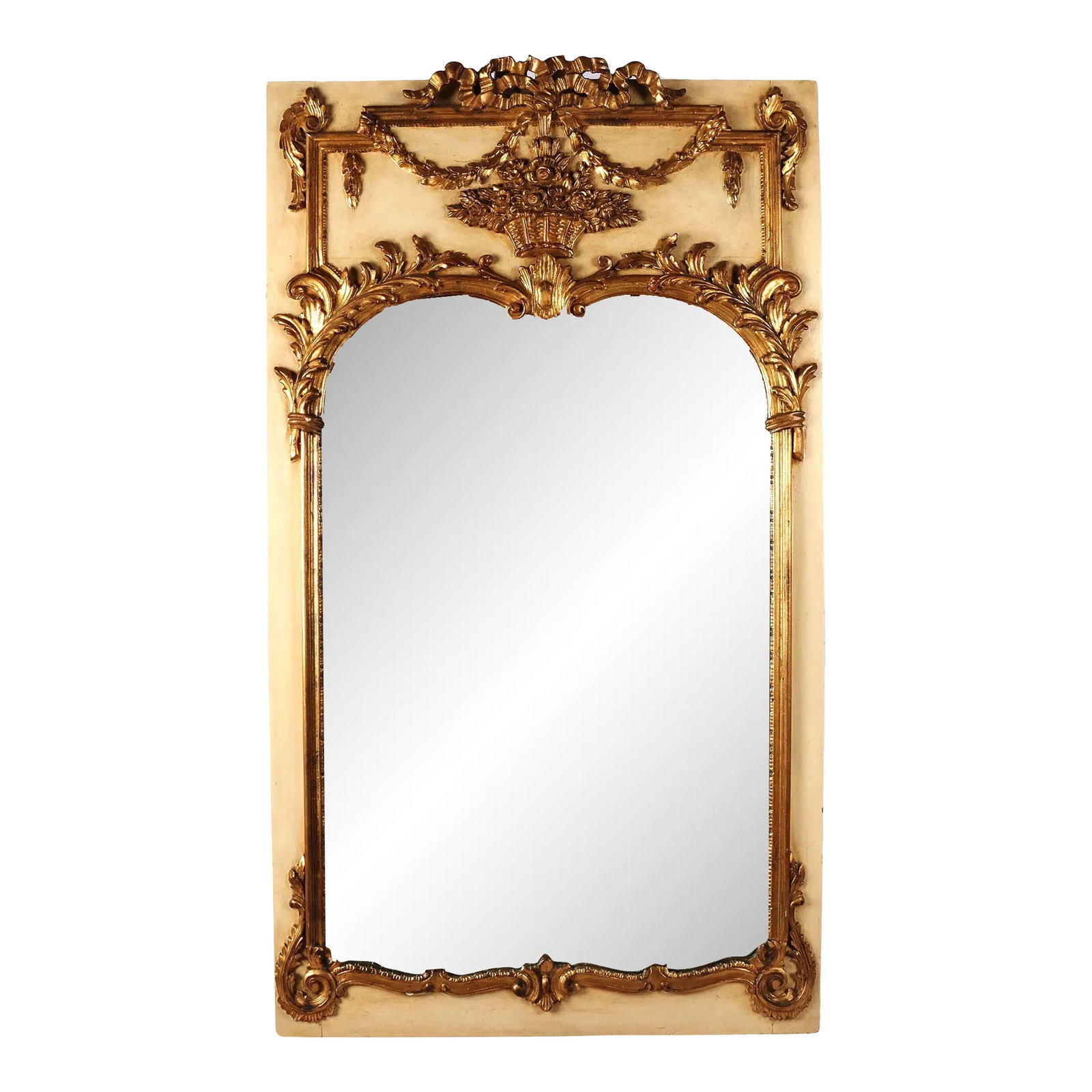 Vintage Neoclassical Style Giltwood Trumeau Mirror: A gorgeous Vintage Neoclassical Style Giltwood Trumeau Mirror with floral, foliate, and scroll decoration in an off white and gold color palette. Add this grand item to reflect luxury in any space.