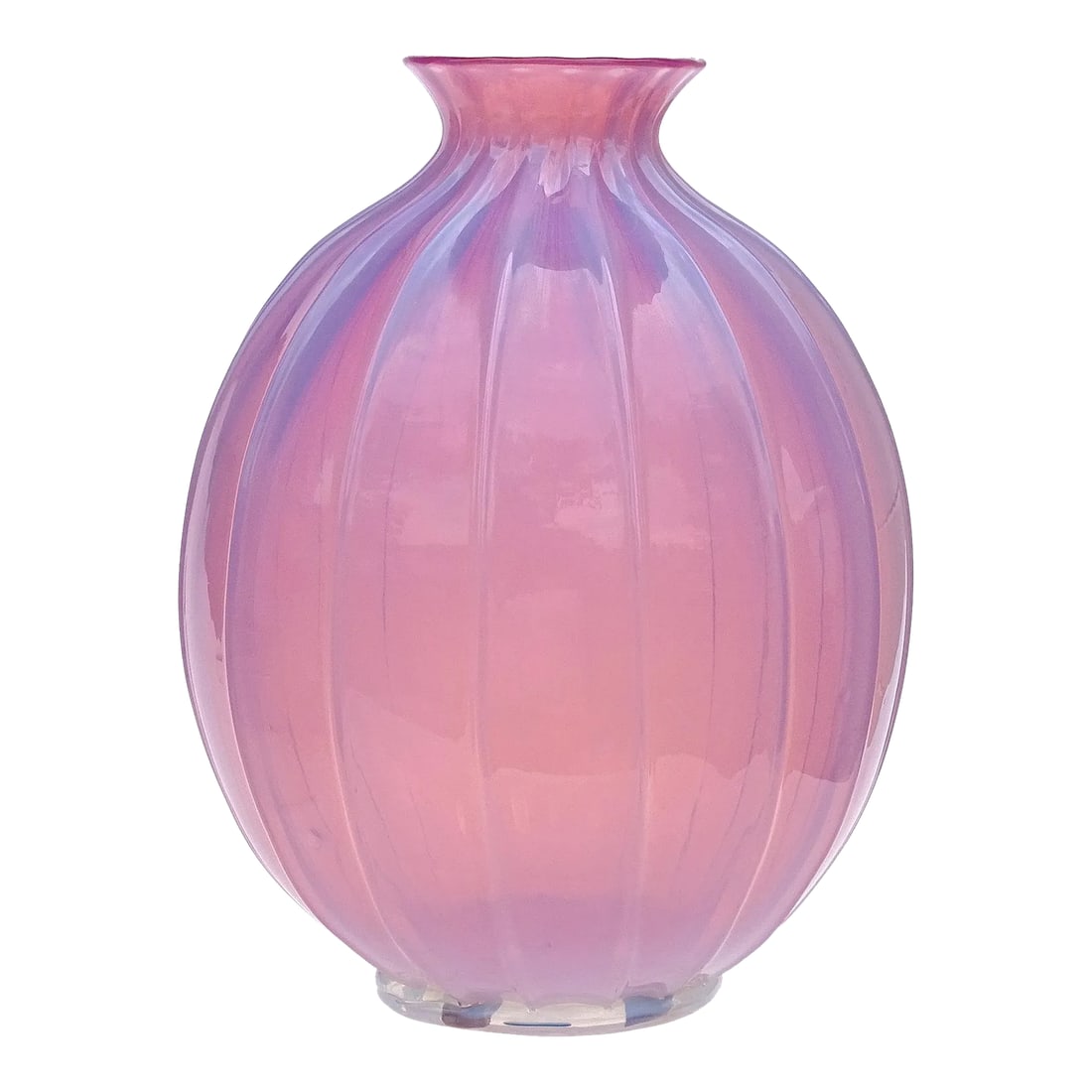 Vintage Murano Barovier Toso Pink Opalescent Italian Art Glass Paneled Surface Decorative Flower Vas: Beautiful and large, vintage Murano hand blown opalescent pink and white foot Italian art glass flower vase. It is attributed to the Barovier e Toso company. The surface of the vase has a paneled