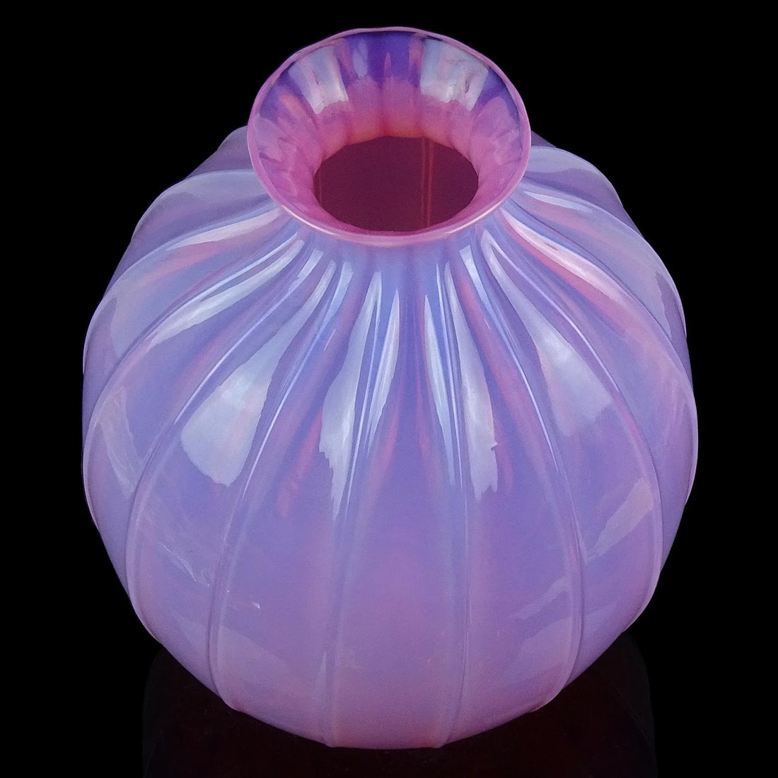 Vintage Murano Barovier Toso Pink Opalescent Italian Art Glass Paneled Surface Decorative Flower Vas - 6