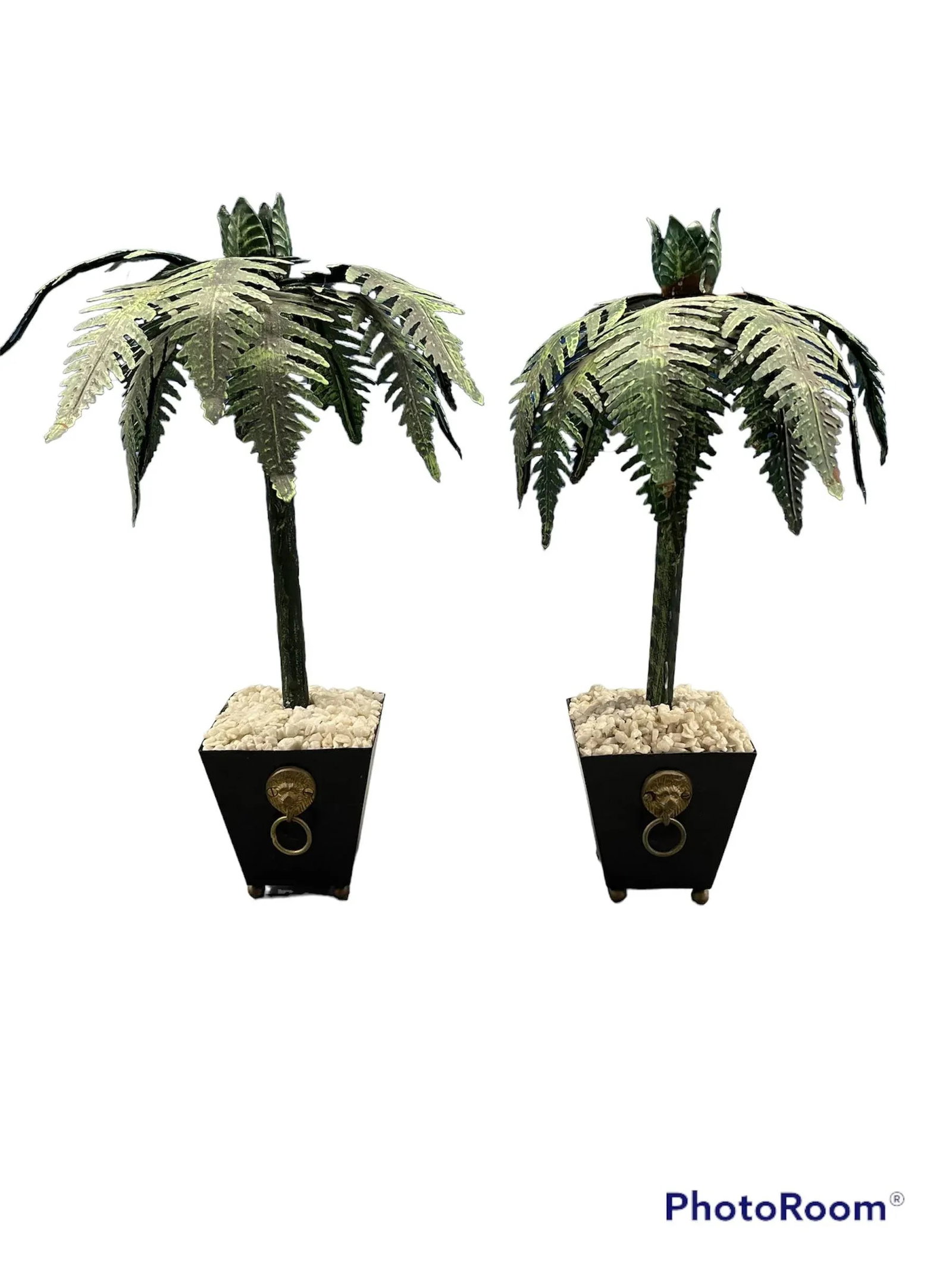 Vintage Pair Tall Tole Palm Trees Potted in Jardinieres Candleholders. - 11