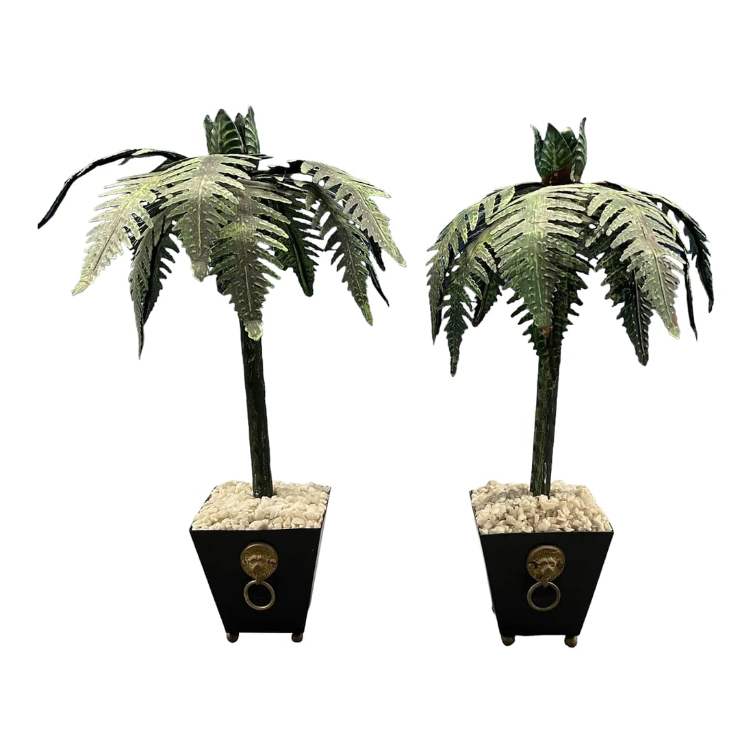 Vintage Pair Tall Tole Palm Trees Potted in Jardinieres Candleholders.: Regency style tall pair of tole palm trees potted in black jardinieres. Brass Lion heads adorn each side. On brass ball feet. These are quite tall and would be fantastic on a dining table or Buffet