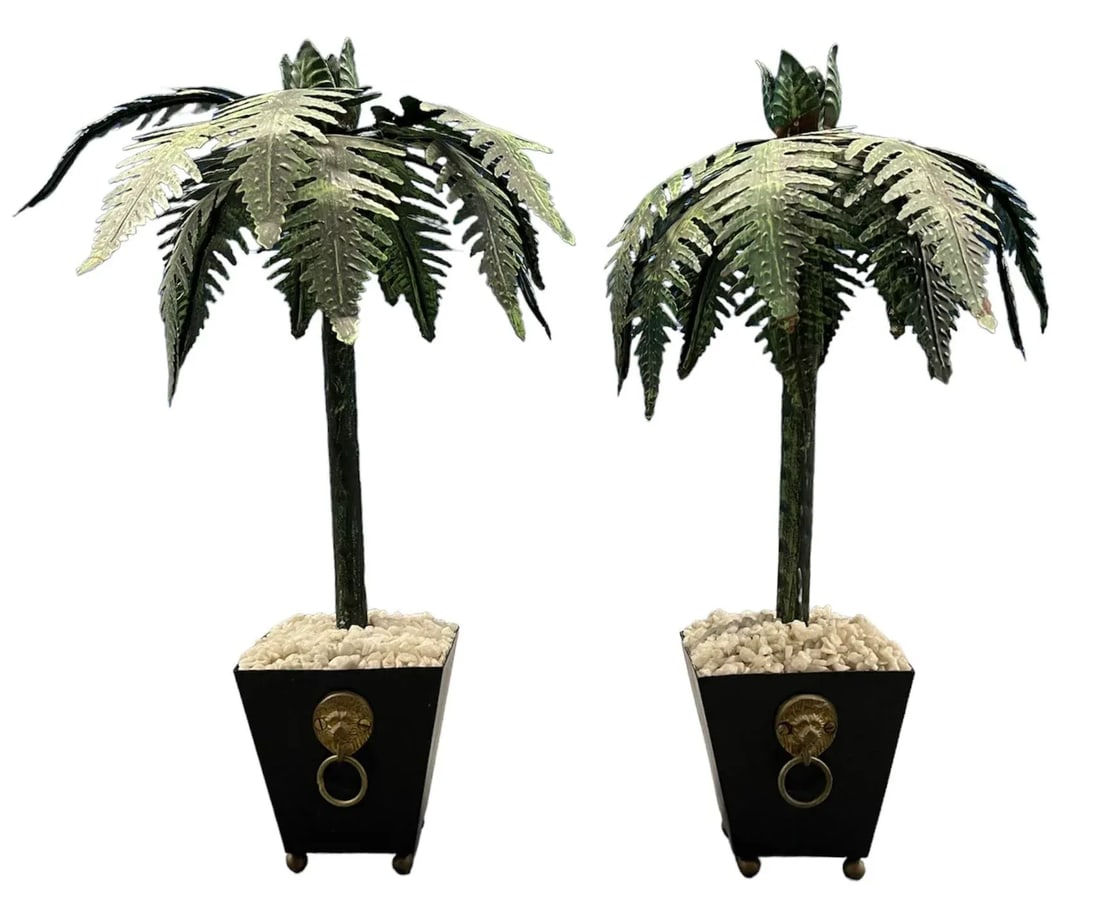 Vintage Pair Tall Tole Palm Trees Potted in Jardinieres Candleholders. - 2