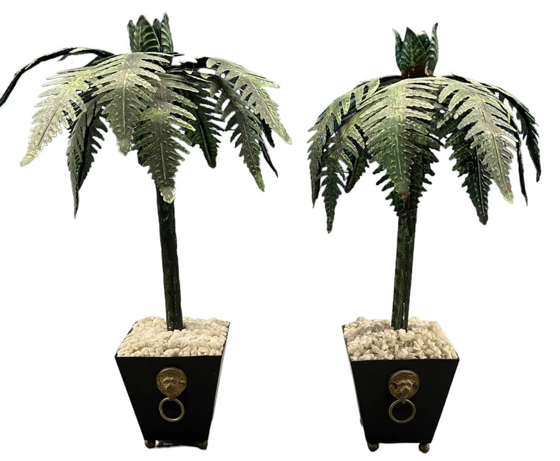 Vintage Pair Tall Tole Palm Trees Potted in Jardinieres Candleholders. - 3