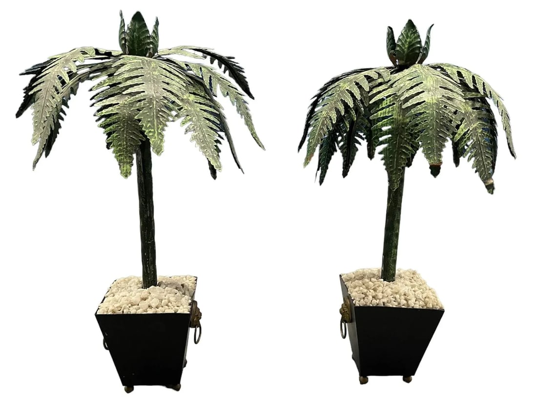 Vintage Pair Tall Tole Palm Trees Potted in Jardinieres Candleholders. - 4