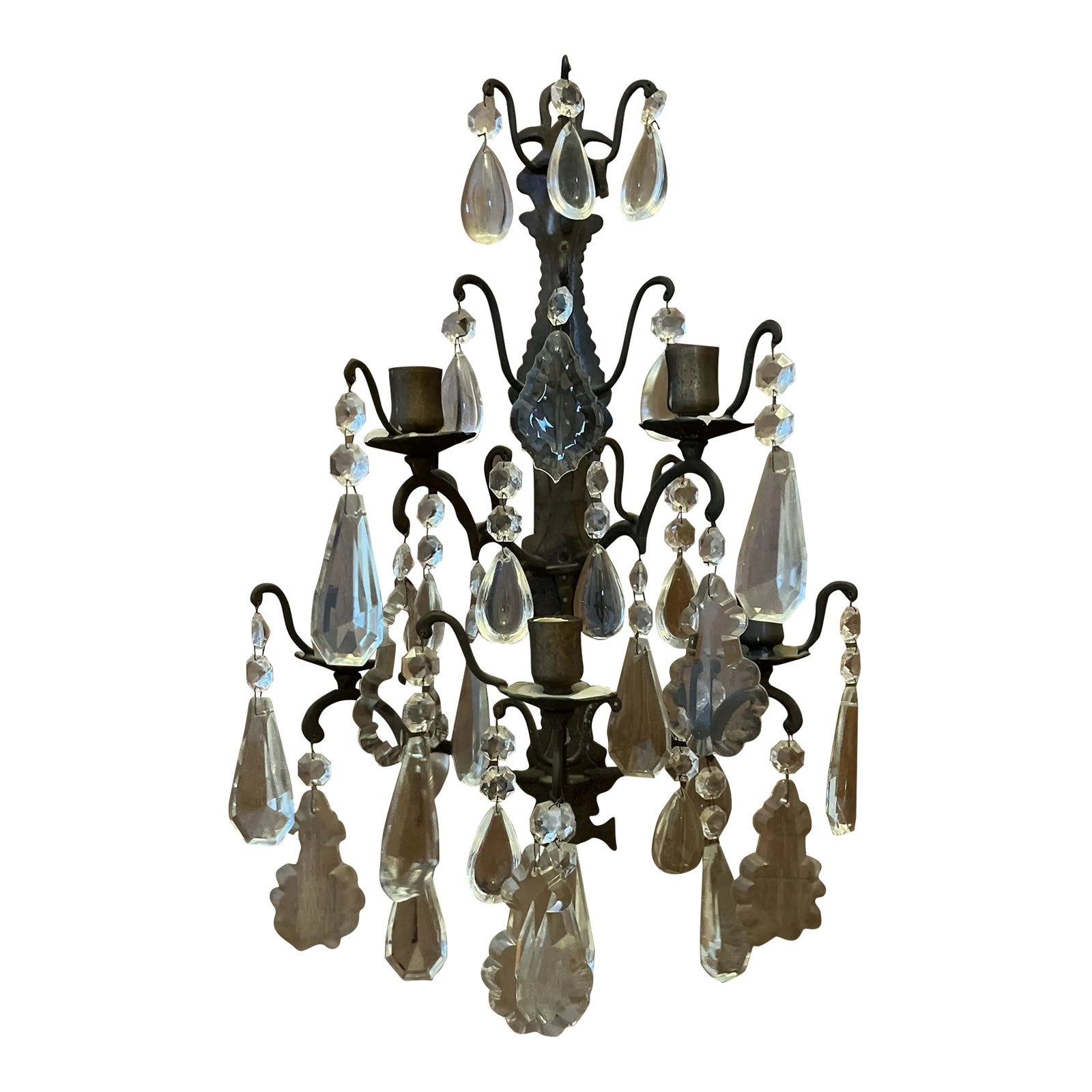 1920's Crystal Candle Sconce: 1920's crystal candle sconces. 5 candle holders 30+ crystals including teardrops, pendalogues and beads 18' L x 12"W x 7"D Condition: Alterations: Original Condition Unaltered Imperfections: Some