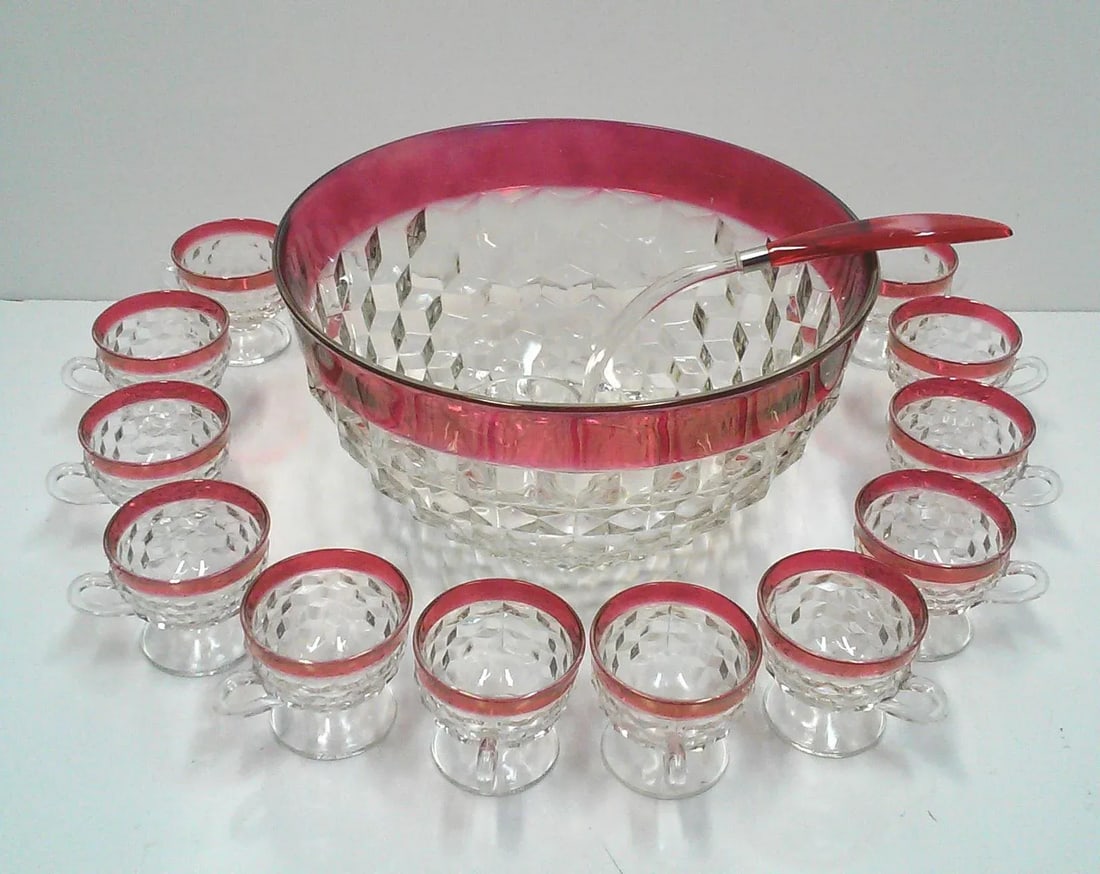 Faceted Cranberry Punch Bowl, Cups & Ladle - 14 Pieces - 6