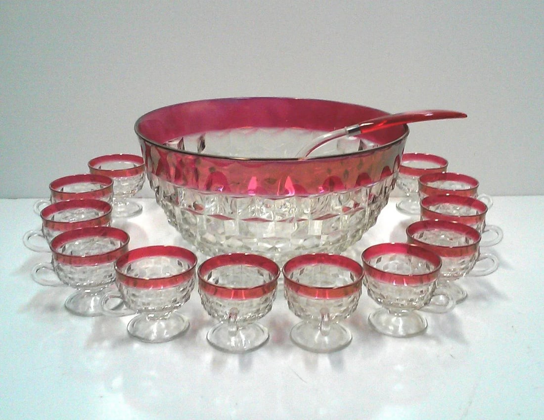 Faceted Cranberry Punch Bowl, Cups & Ladle - 14 Pieces - 7