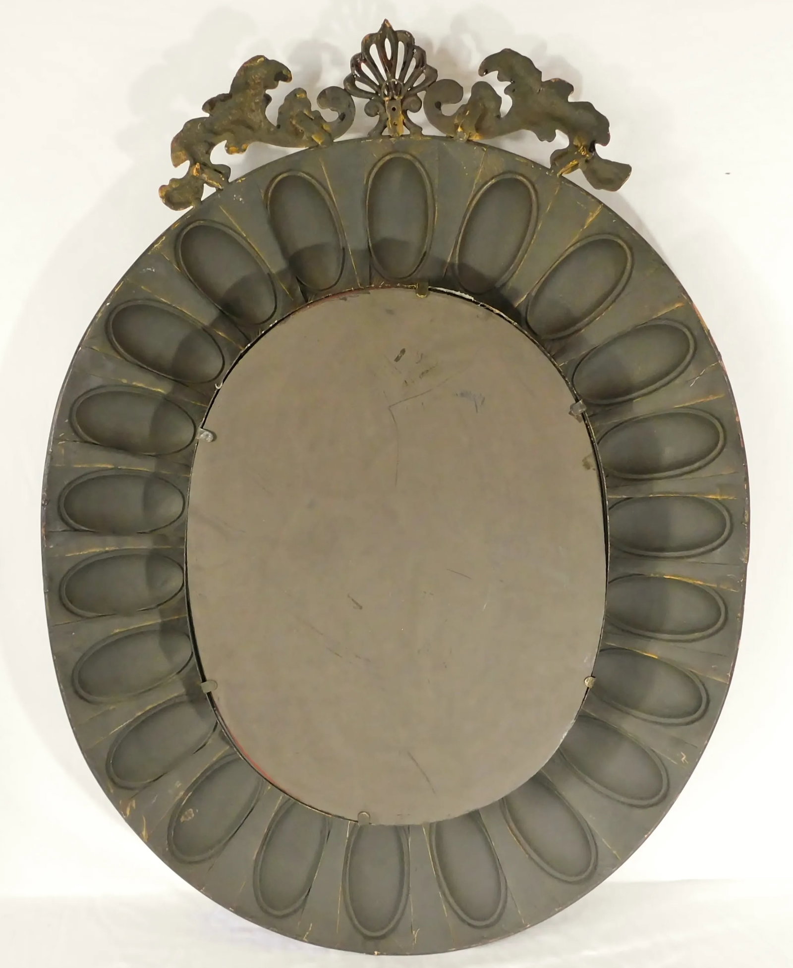 Large Vintage Late 20th Century Ornate Three Dimensional Metal Oval Hanging Wall Mirror - 11