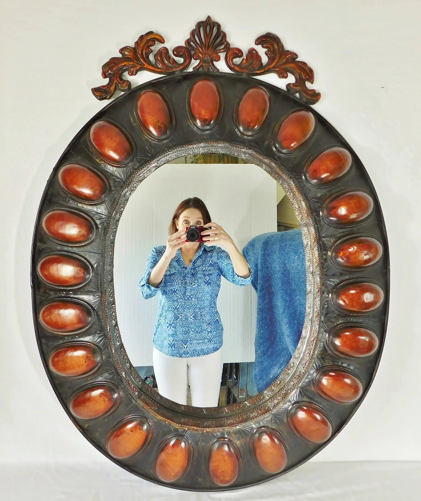 Large Vintage Late 20th Century Ornate Three Dimensional Metal Oval Hanging Wall Mirror - 12