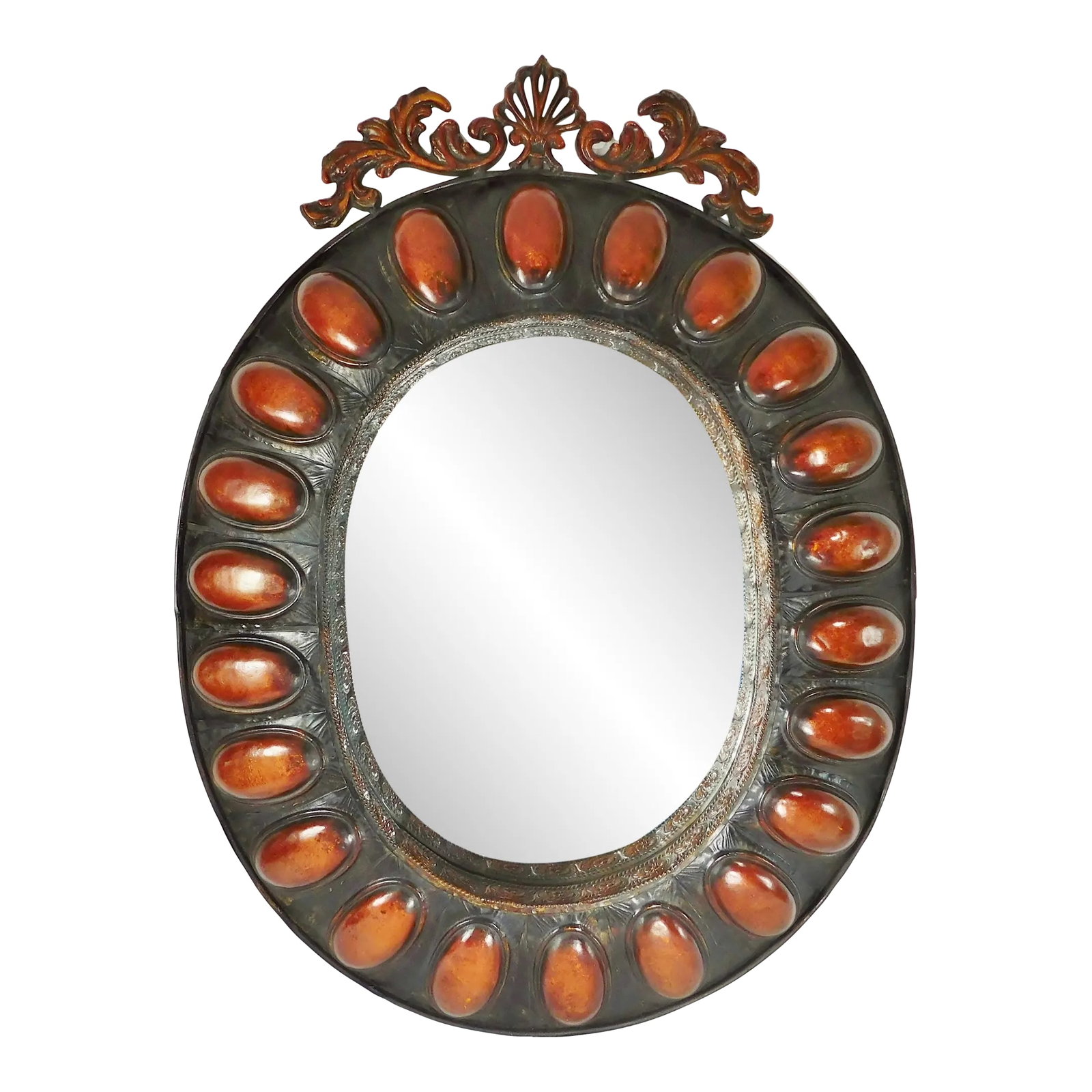 Large Vintage Late 20th Century Ornate Three Dimensional Metal Oval Hanging Wall Mirror: Stunning large vintage late 20th century three dimensional oval hanging wall mirror. Metal frame, amazing design, three dimensional. Circa 1980s. Ready to hang. Solid & Sturdy - great condition - no