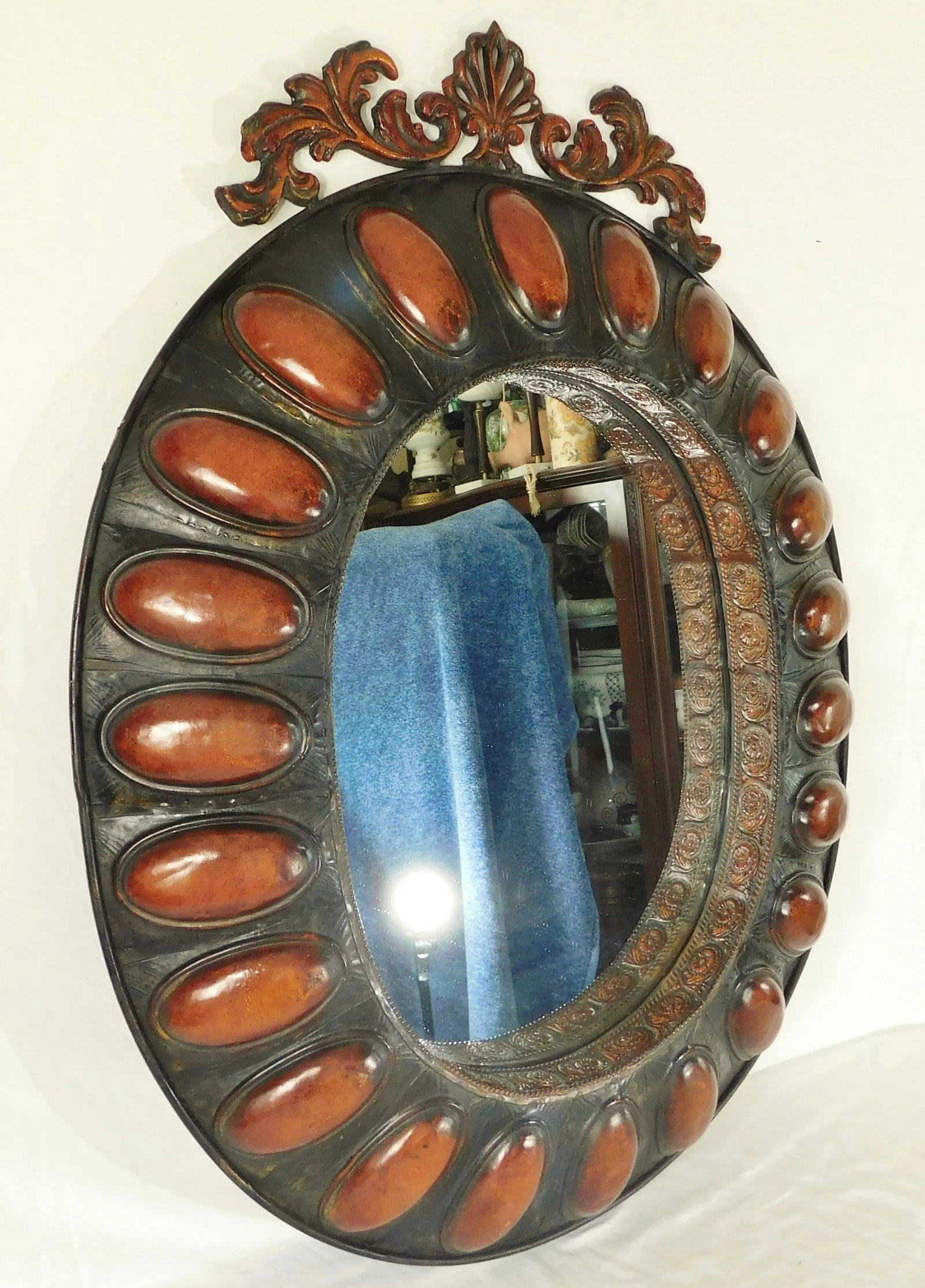 Large Vintage Late 20th Century Ornate Three Dimensional Metal Oval Hanging Wall Mirror - 2