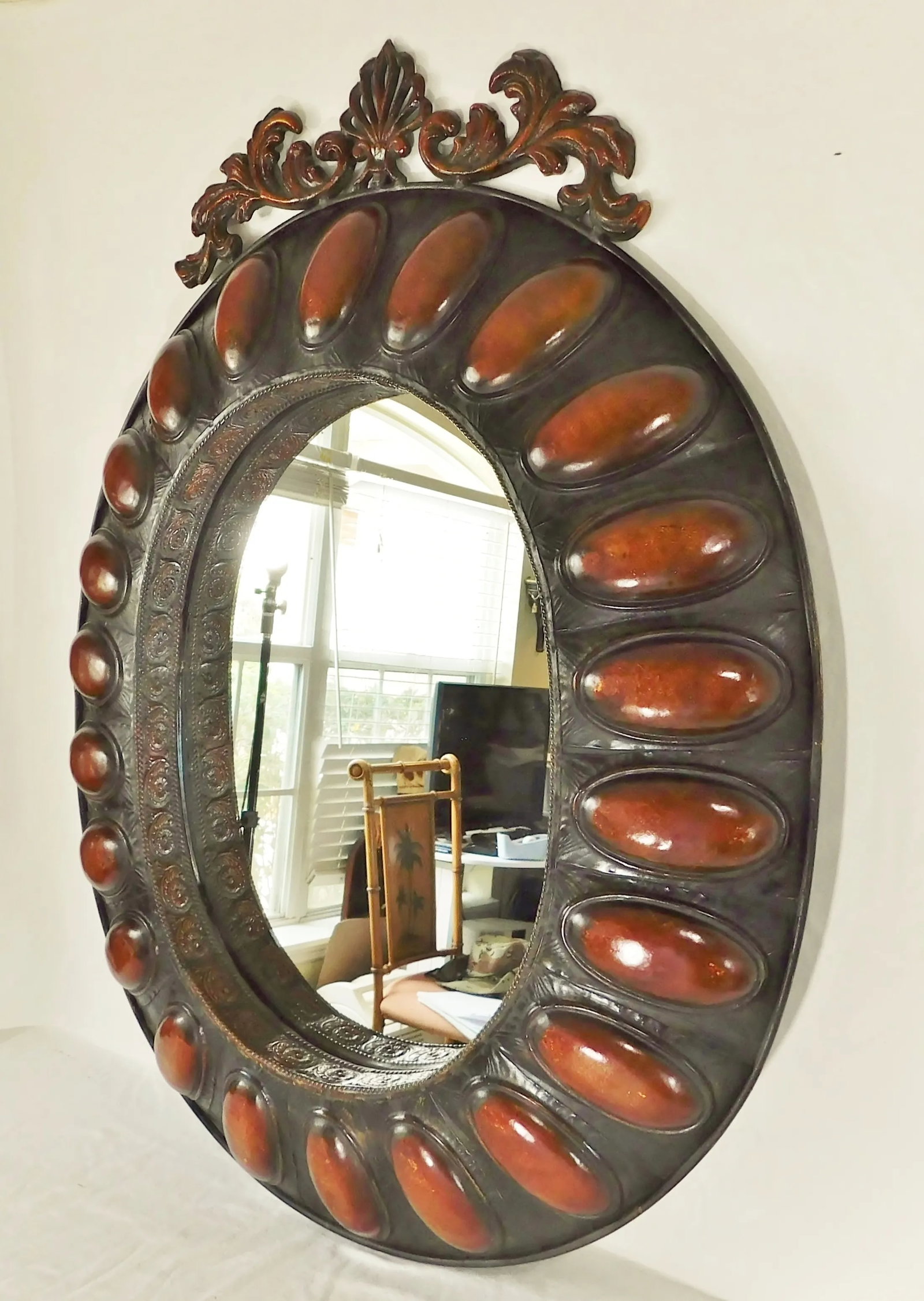 Large Vintage Late 20th Century Ornate Three Dimensional Metal Oval Hanging Wall Mirror - 3