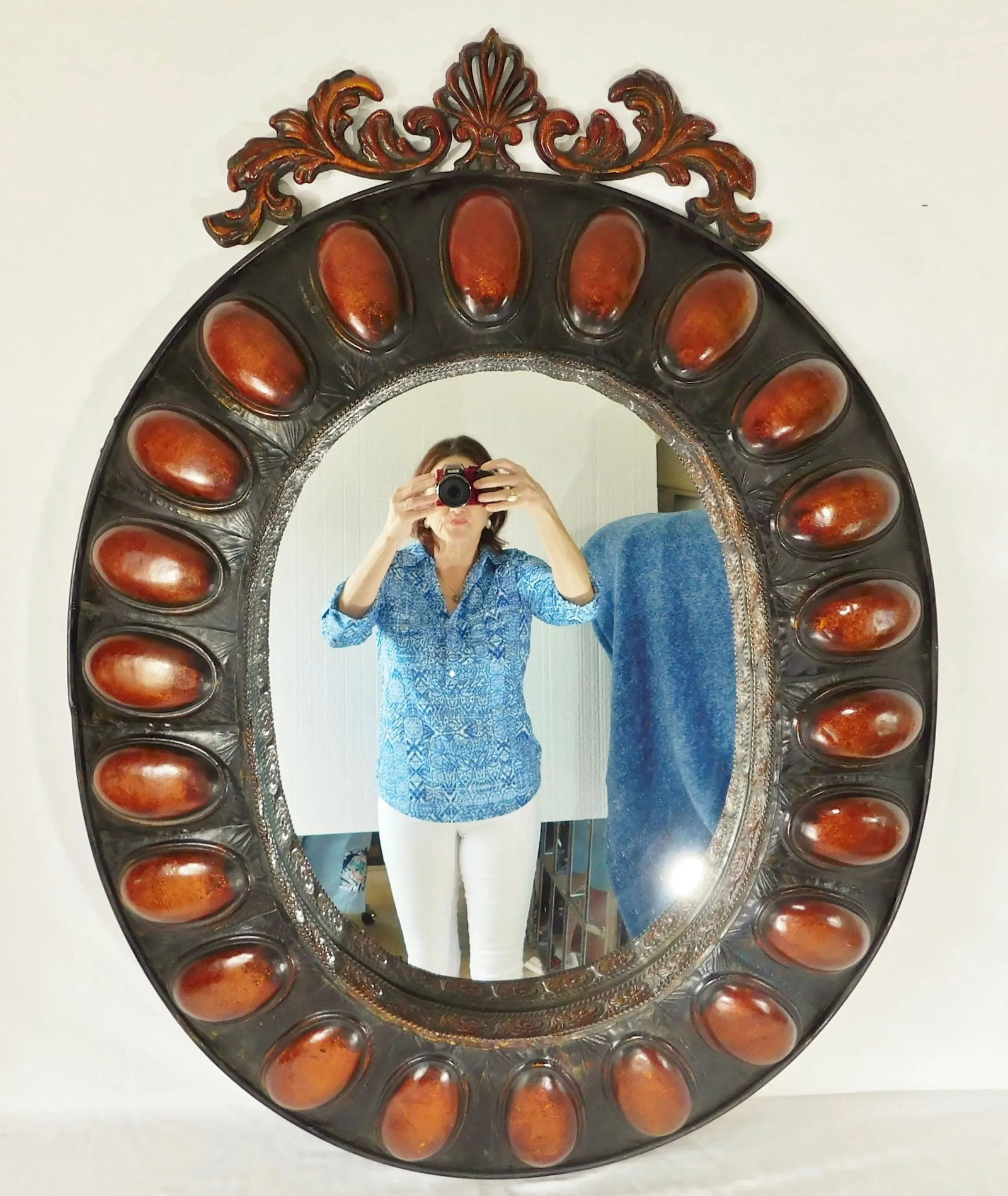 Large Vintage Late 20th Century Ornate Three Dimensional Metal Oval Hanging Wall Mirror - 5