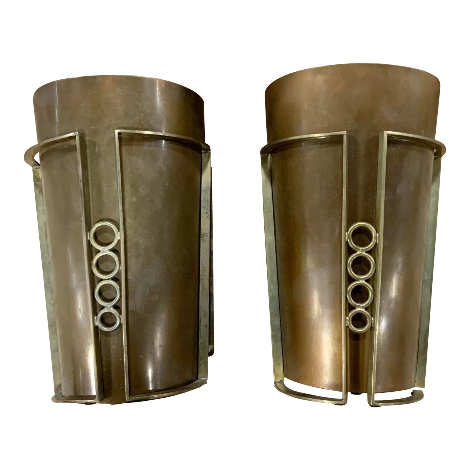 Mid-Century Modern Style Demi-Round Candle Sconces Pair: Timeless Mid-Century Modern Style Demi-Round Candle Sconces Pair, bronze finish, geometric design, showroom floor samples Condition: Imperfections: Some Imperfections Condition Notes: Showroom floor
