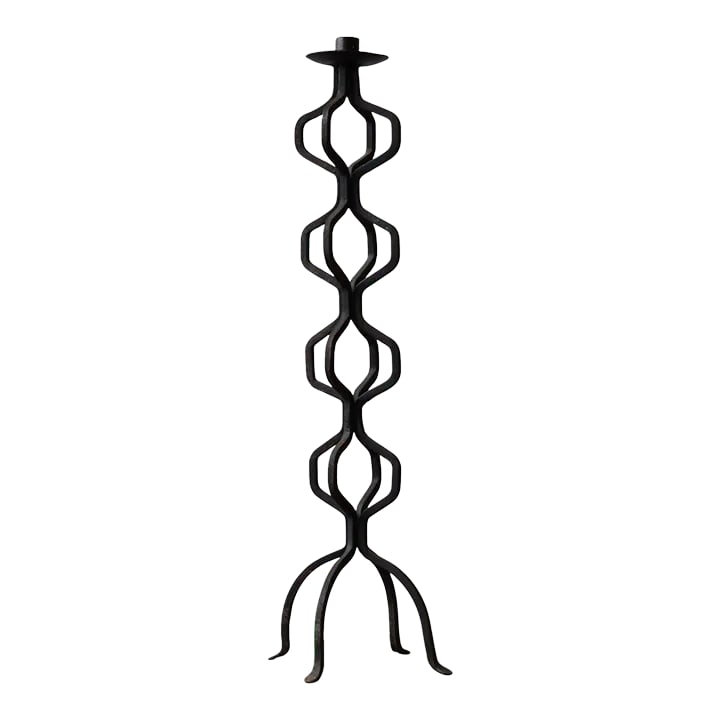 Vintage Wrought Iron Undulating Floor Candelabra, Circa 1970s: Vintage Wrought Iron Undulating Floor Candelabra, Circa 1970s. Wrought iron body constructed from four undulating square-cut rods jointed along the center. Four arched legs and hammered pad feet.