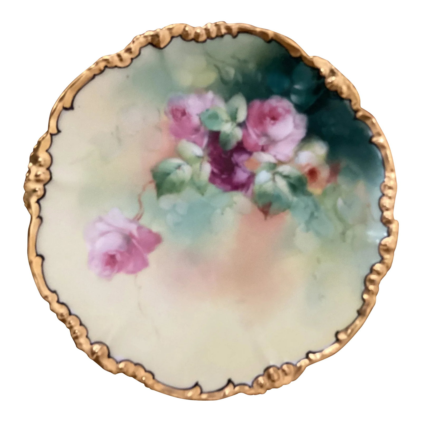 Jpl Limoges Hand Painted Pink Roses & Gold Cake Plate Circa 1900: JLP Coiffe Limoges Hand Painted Pink Roses Yellow & Gold Cake Plate Circa 1900 Nice antique French porcelain cake plate. Decorated with large hand painted pink roses over a green background. Gold