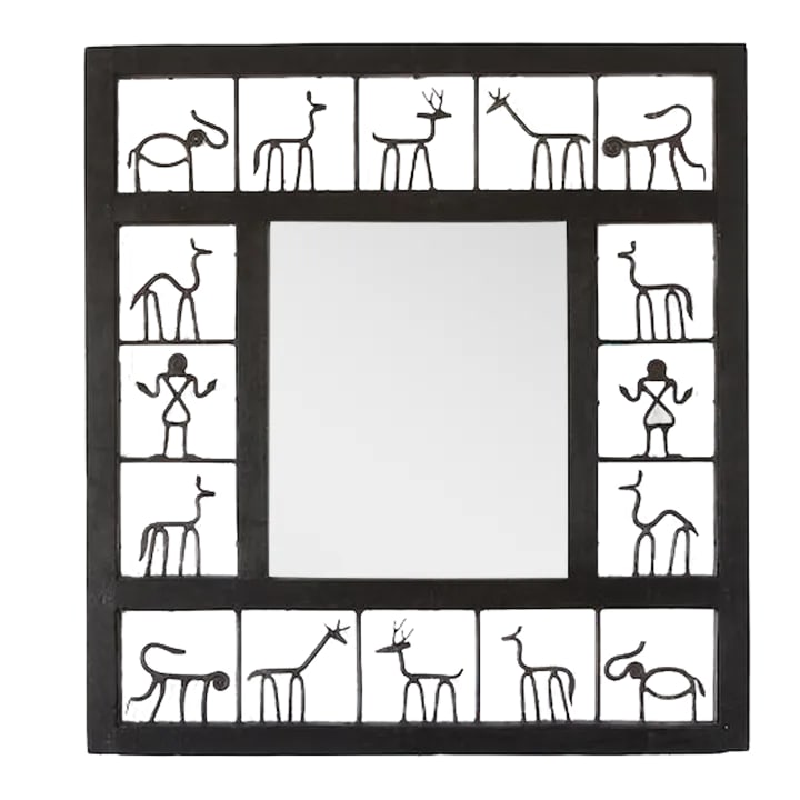 Mid-Century Frederic Weinberg Style Square Mirror With Animal Motifs: Beautiful vintage modern wall mirror in the style of Frederic Weinberg with handcrafted metalwork depicting primitive animal and human figures. This is the only mirror I've come across in the
