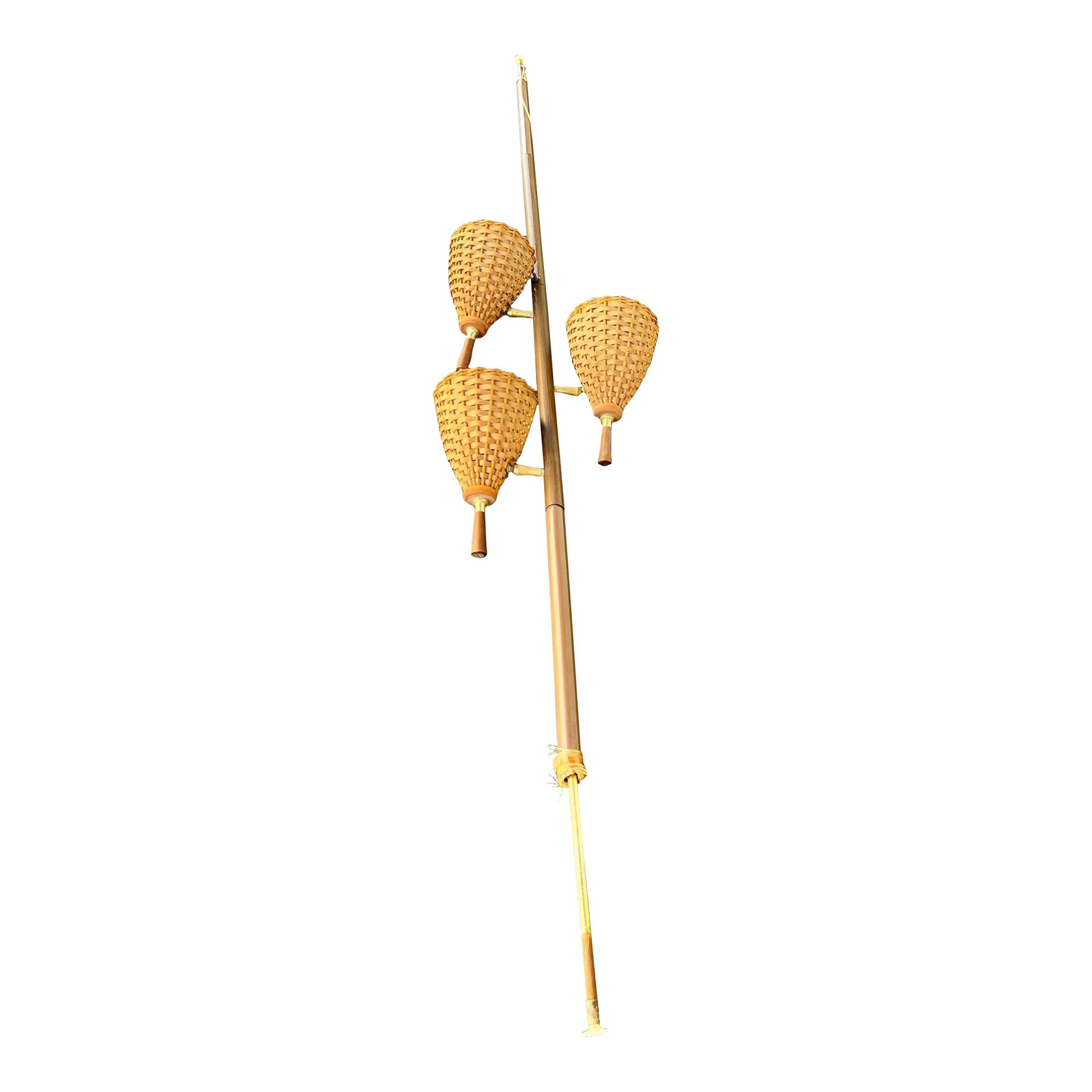 Mid 20th Century Tension Pole Floor Lamp With Wicker Shades: Mid Century modern tension pole floor lamp. Pole does have springs inside, spring loaded. The 3 light shade are woven wicker rattan with wood handles. They swivel to point in the direction you want