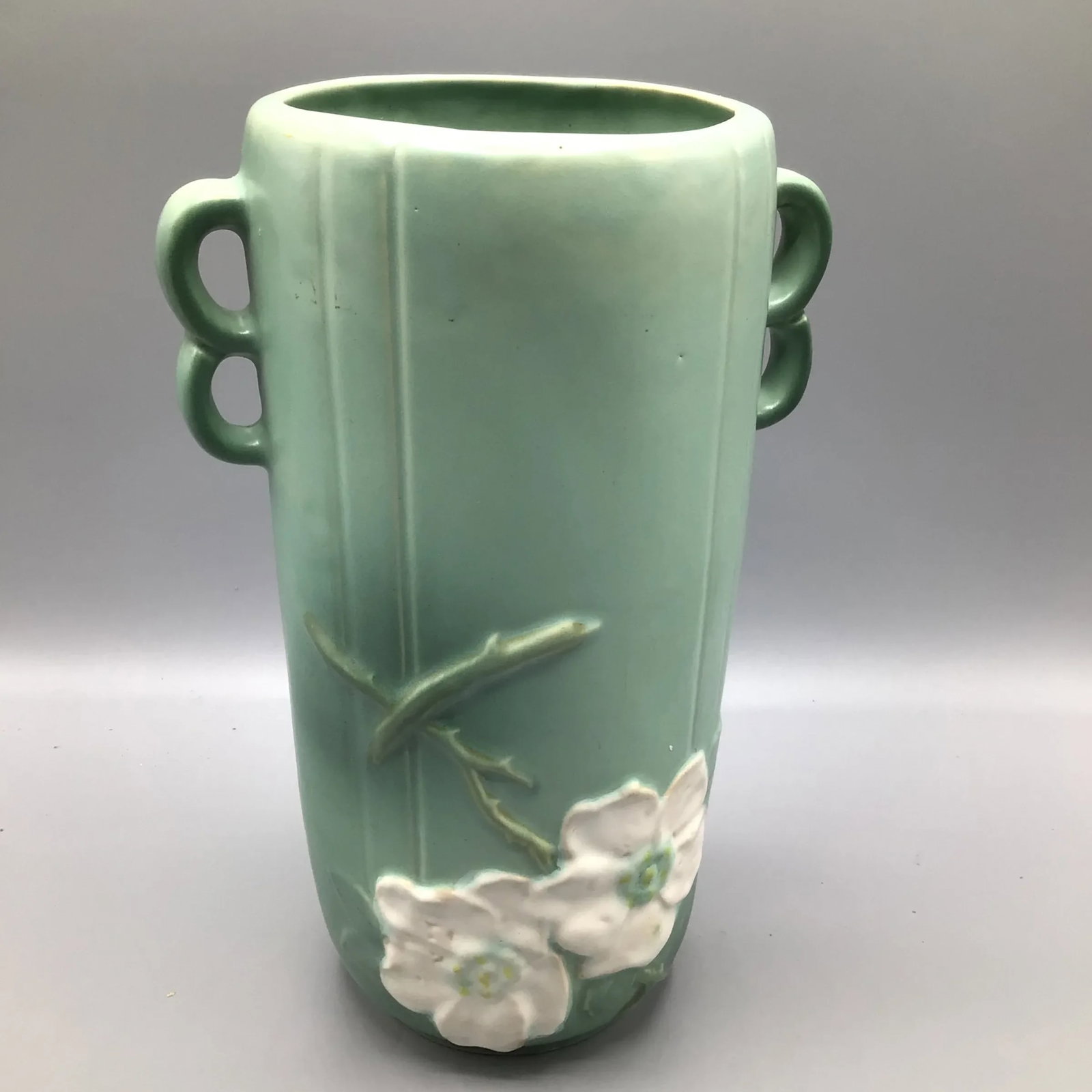 Weller Pottery Wild Rose Double Loop Handled Vase - 13
