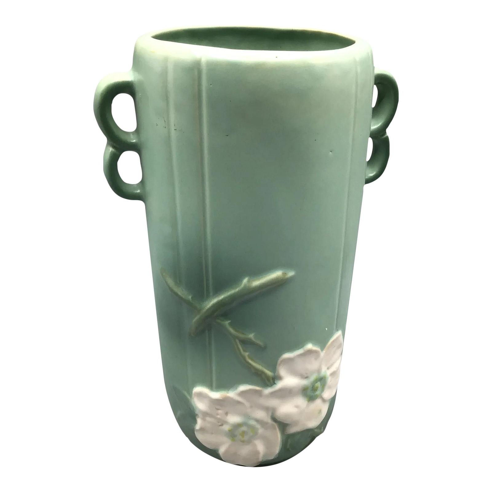 Weller Pottery Wild Rose Double Loop Handled Vase: This Weller Pottery Wild rose vase in a green matted finish has double loop handles on each side with the rose stems highlighted in a semi gloss green. Condition: Alterations: Original Condition