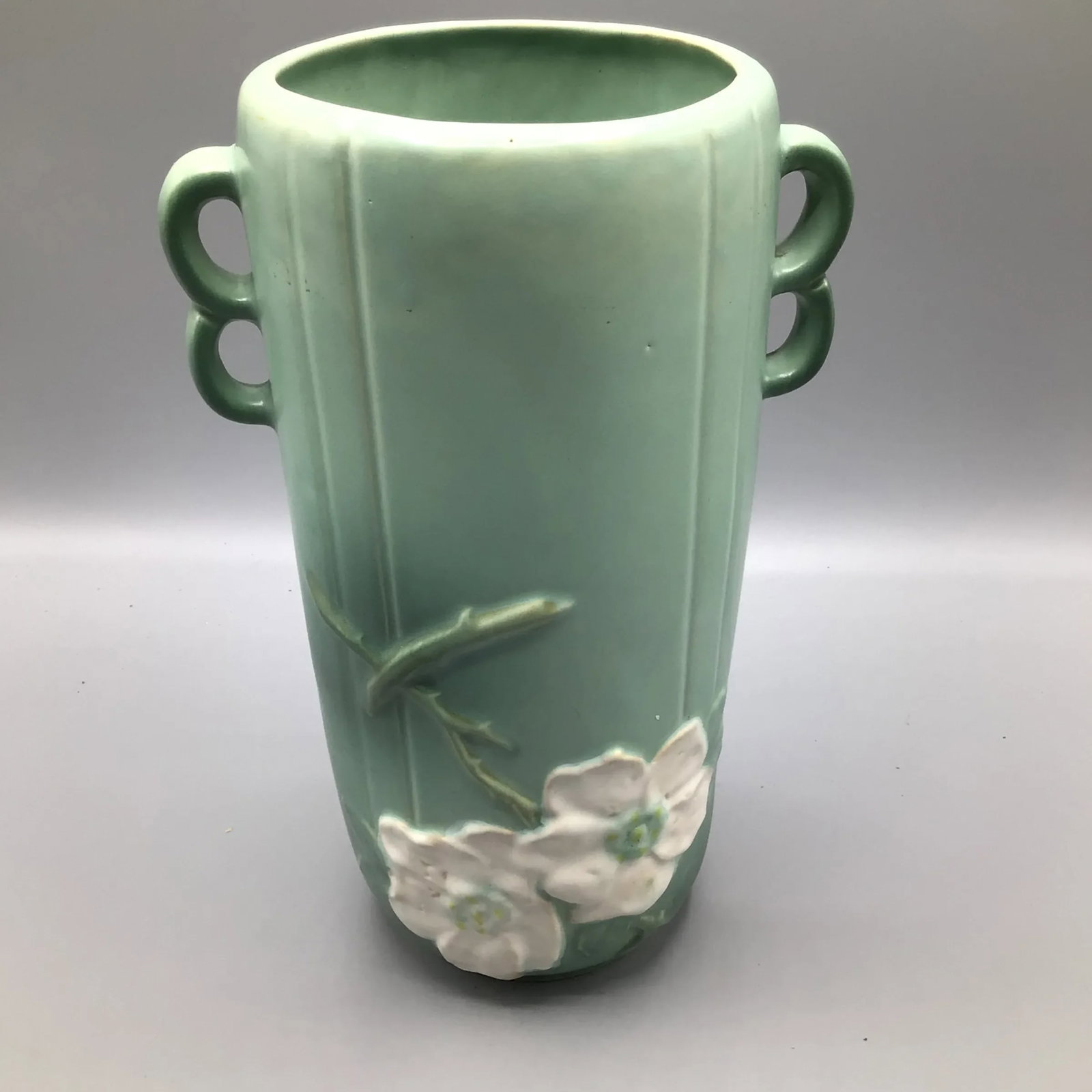 Weller Pottery Wild Rose Double Loop Handled Vase - 8