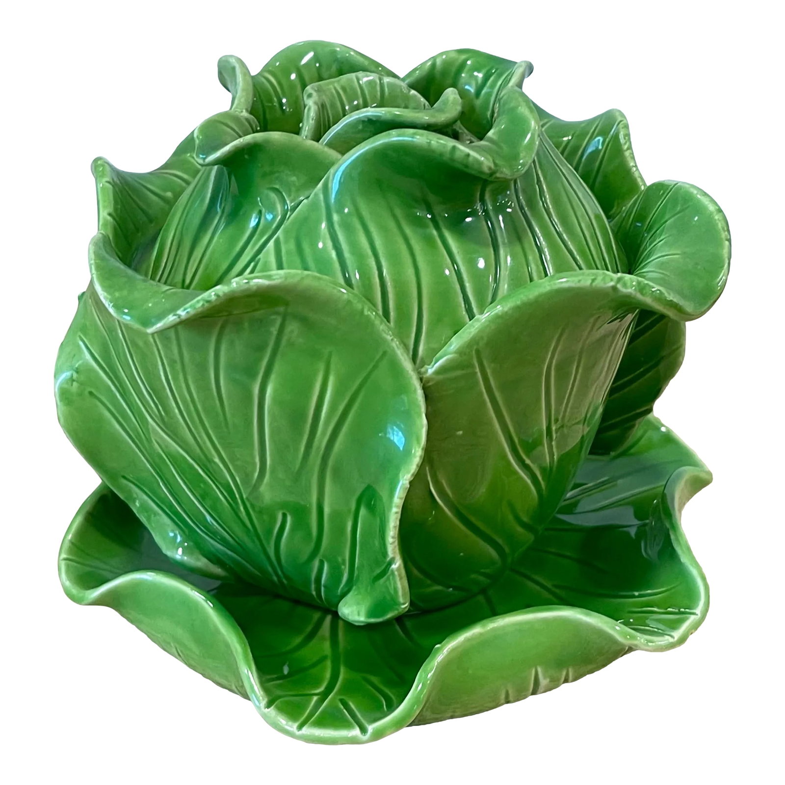 Vintage Jean Rogers Signed Cabbage Bowl With Underplate: Vintage Signed Jean Rogers green cabbage tureen with top and underplate. All signed. Purchased in France, 1970's. In excellent vintage condition, no chips, cracks, breaks. Never used, displayed only.
