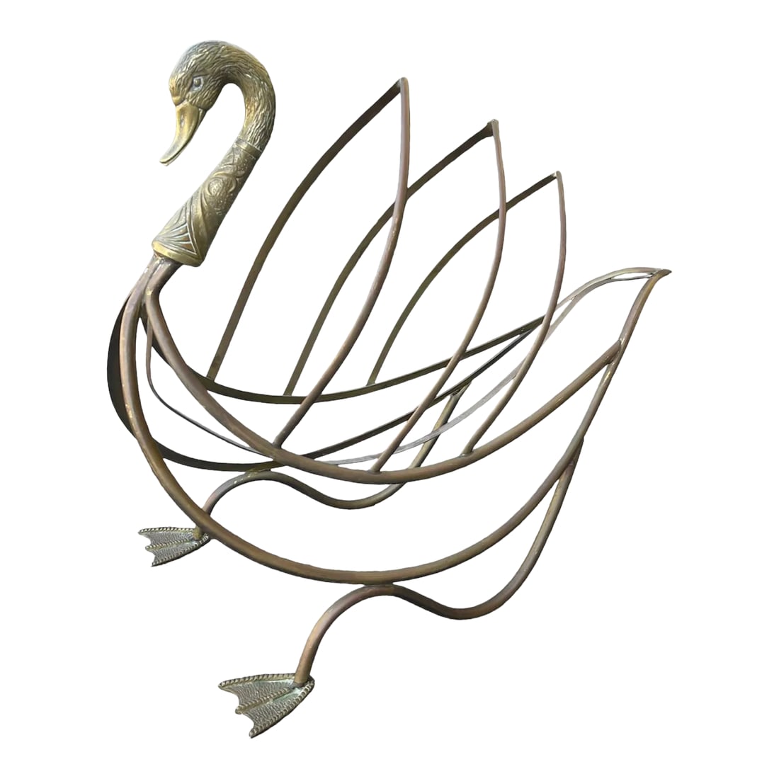 Maison Jansen Brass Swan Magazine Holder: Brass Maison Jansen swan magazine holder. Detailed head and webbed feet. Great for magazines or records! Condition: Alterations: Original Condition Unaltered Imperfections: Some Imperfections