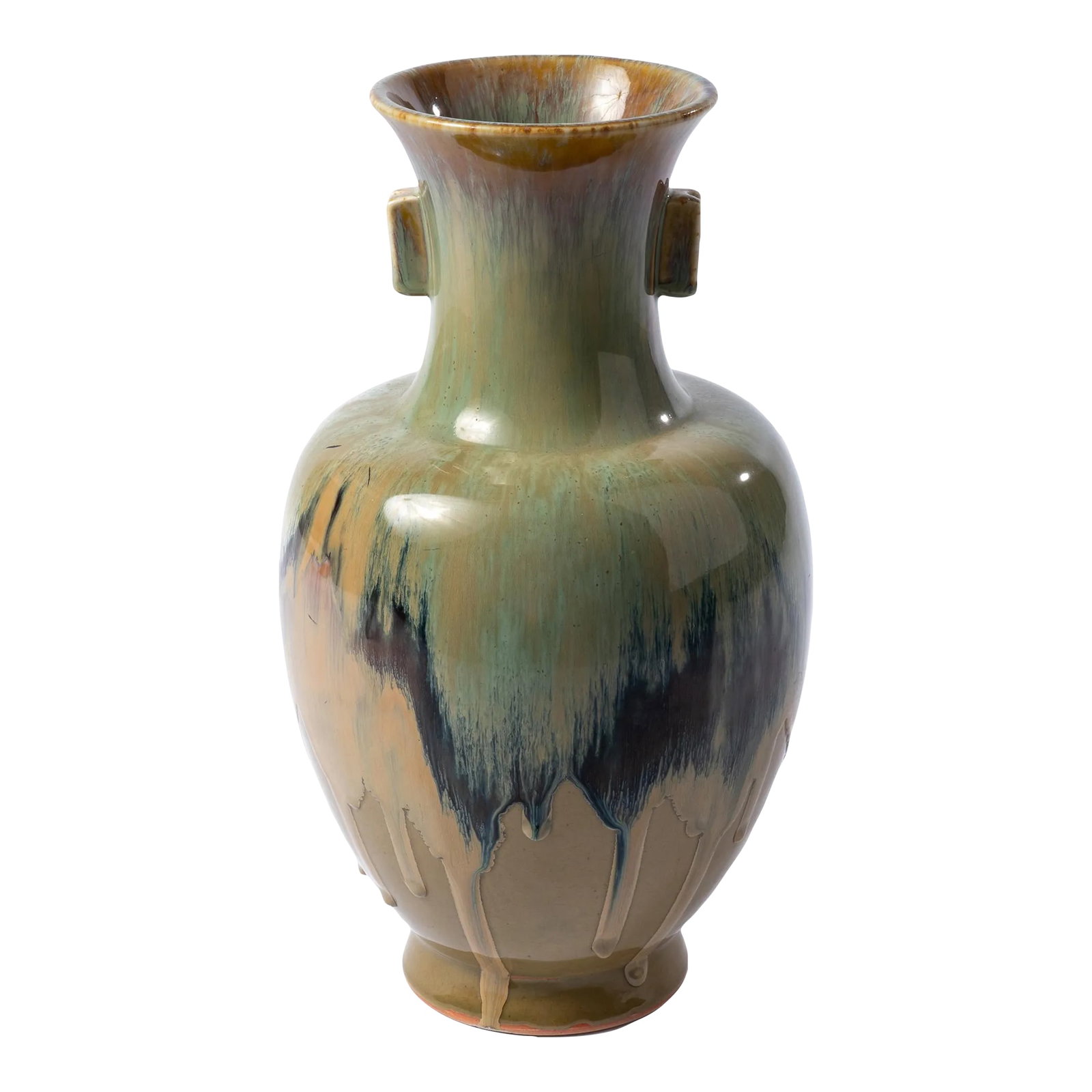 Chinese Porcelain Vase With Drip Glaze: This elegant Chinese Vase features a remarkable drip multi-color glaze. The bottom features a very faint makers mark (as pictured). Condition: Alterations: Original Condition Unaltered Imperfections:
