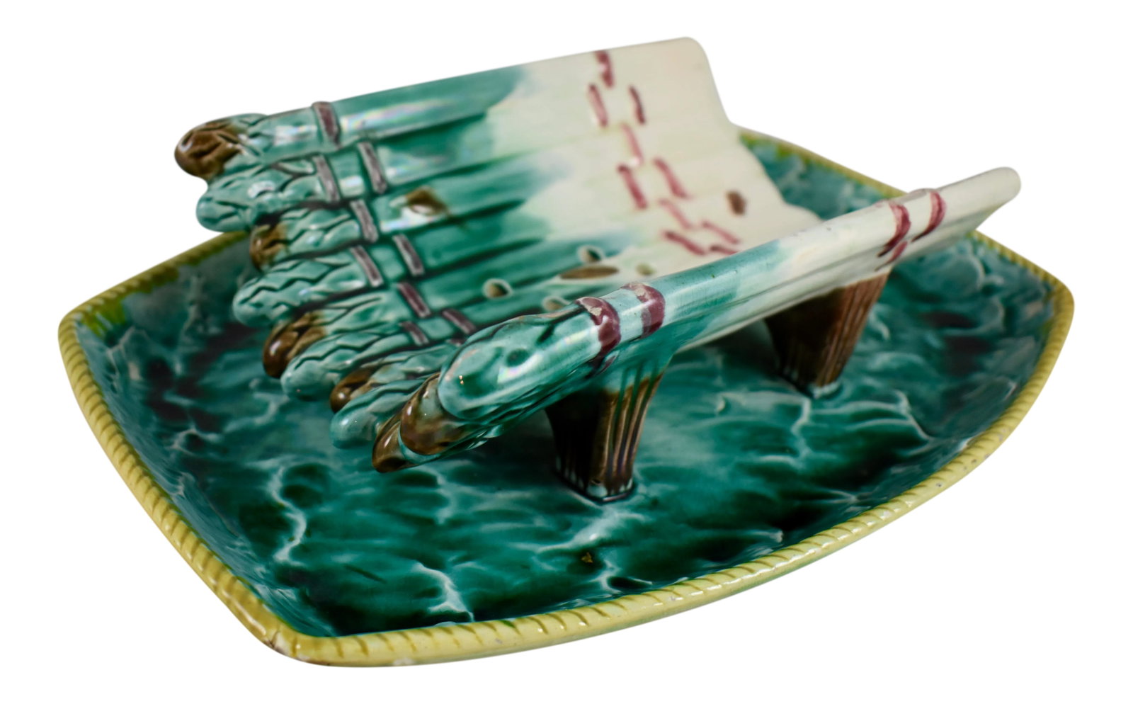 19th Century English Majolica Ocean Waves Asparagus Server Cradle: A fabulous and scarce seaside themed rustic English majolica, large asparagus cradle with an attached under tray, maker unknown, circa late 19th Century. A ribboned bunch of asparagus makes up the
