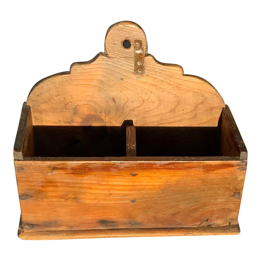 Antique Early 19th Century Primitive Pine Wall Box: Early 1800's New England Pine Wall Box. Beautiful mellow aged pine patina. Early tin hold clip at top. Nicely scalloped top edge. Condition: Alterations: Original Condition Unaltered Imperfections: