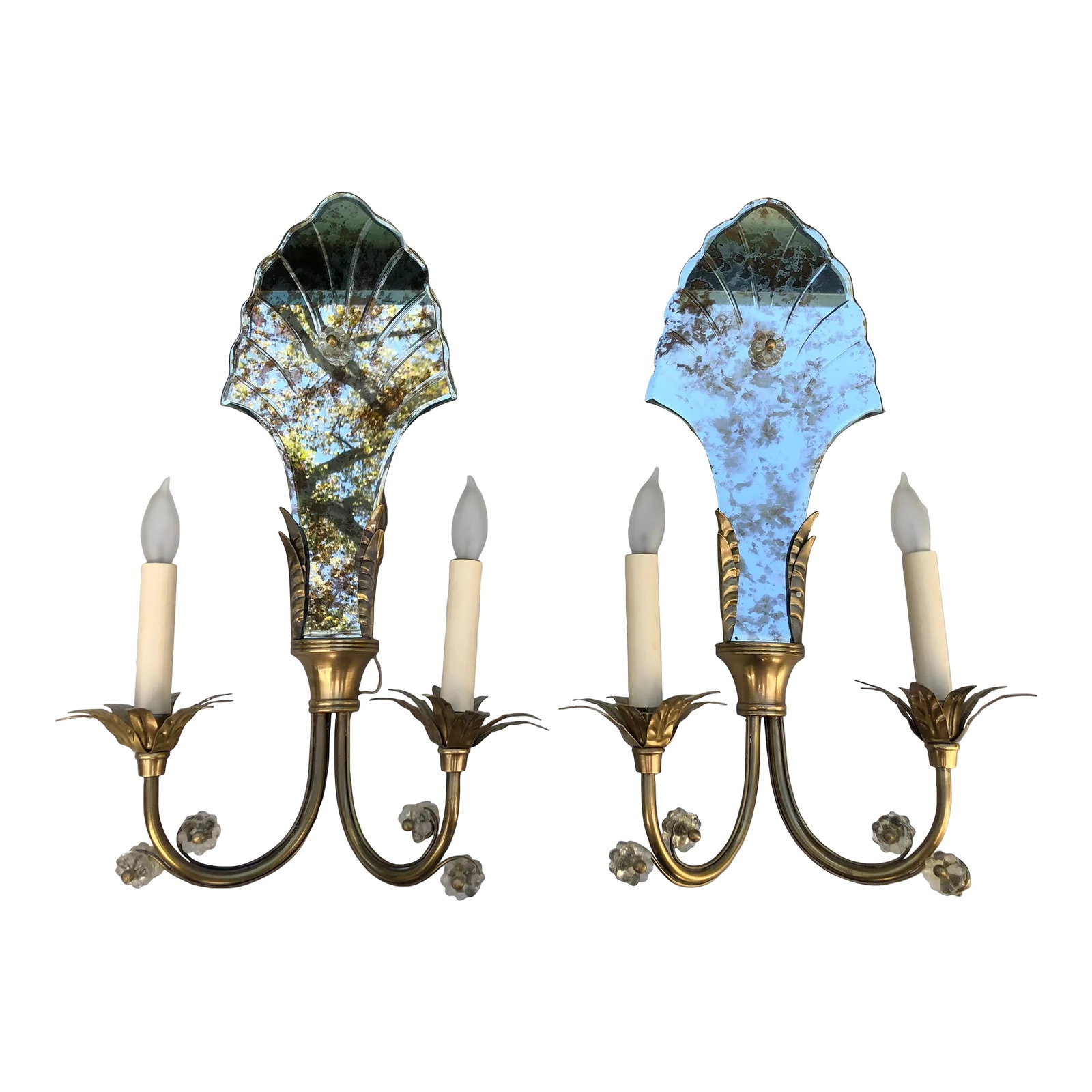 Pair of Global Views Mirror & Brass Sconces: This beautiful pair of sconces will enhance any Traditional or Transitional decor. The sconces have an antiqued mirror back, and lovely leaf and flower details. The metal is an ages brass and the flow