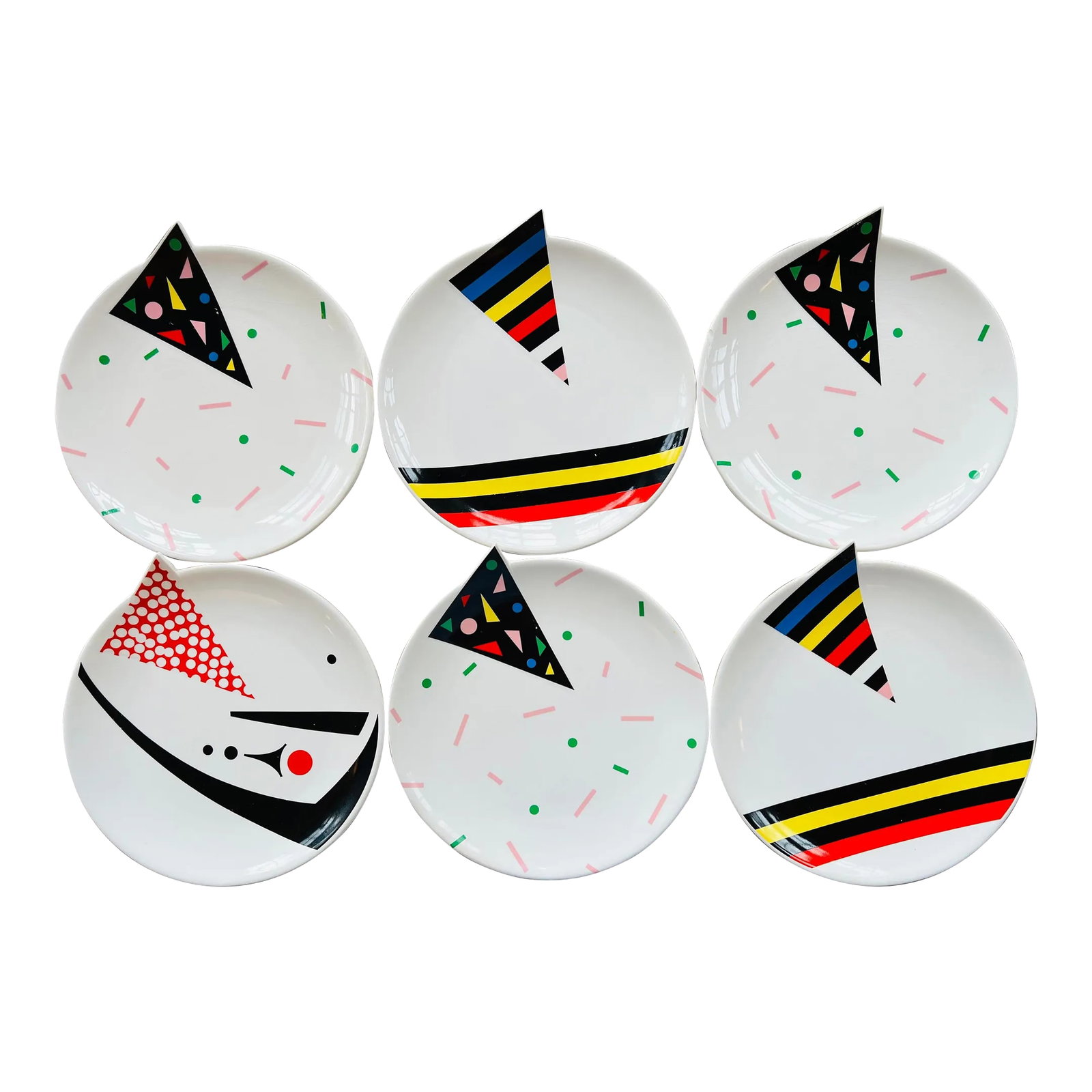 1980s Fujimori Alpha Plates for Kato Kogei- Set of 6: This set of 6 very cool plates features a 1980s Post Modern graphic design. Pops of red and black in geometric shapes is totally 80s style. Fujimori was a well know Japanese ceramic designer and this 