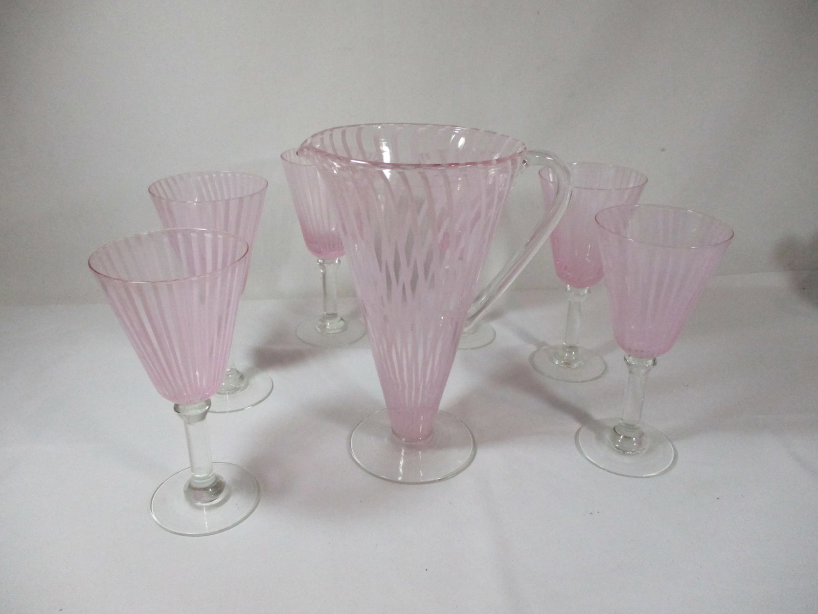 1960s Pink Striped Murano Style Martini Pitcher and Stemmed Goblets Set- 7 Pieces - 13
