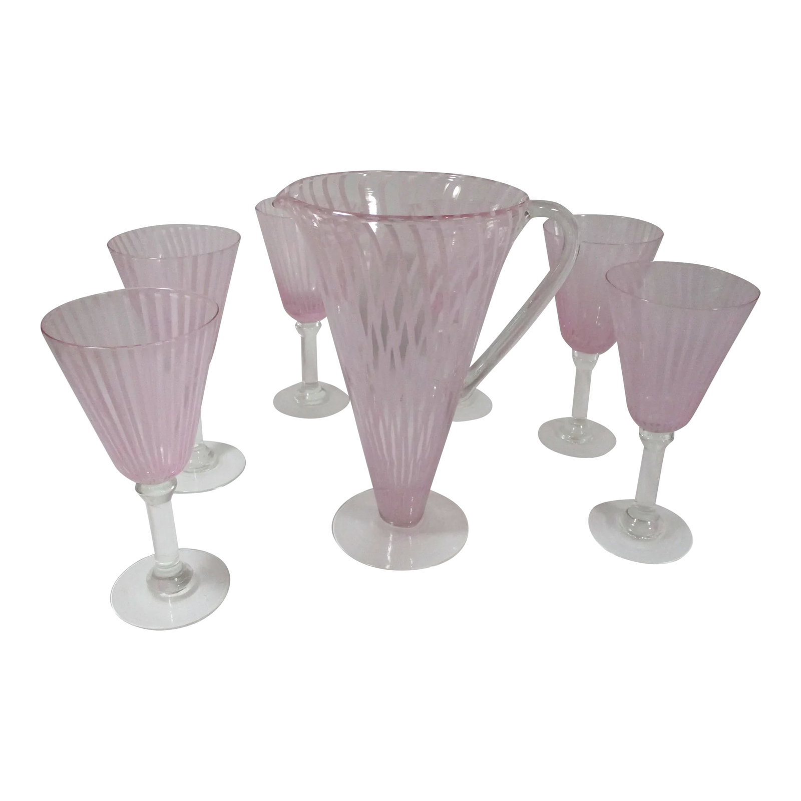 1960s Pink Striped Murano Style Martini Pitcher and Stemmed Goblets Set- 7 Pieces: A wonderful Italian Mid-Century Modern Murano style hand blown martini pitcher with applied handle and foot, six stemmed goblets. They are clear glass with pink infused stripes. The pitcher measures; 