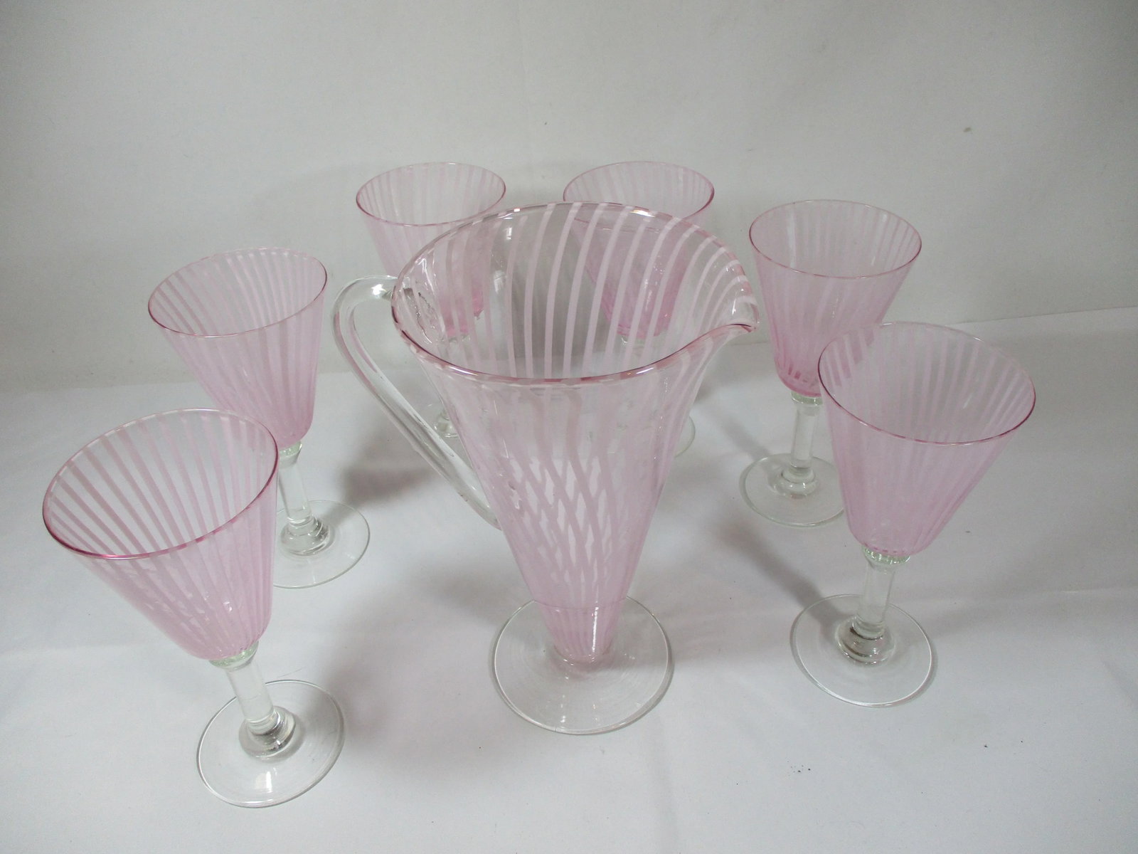 1960s Pink Striped Murano Style Martini Pitcher and Stemmed Goblets Set- 7 Pieces - 2