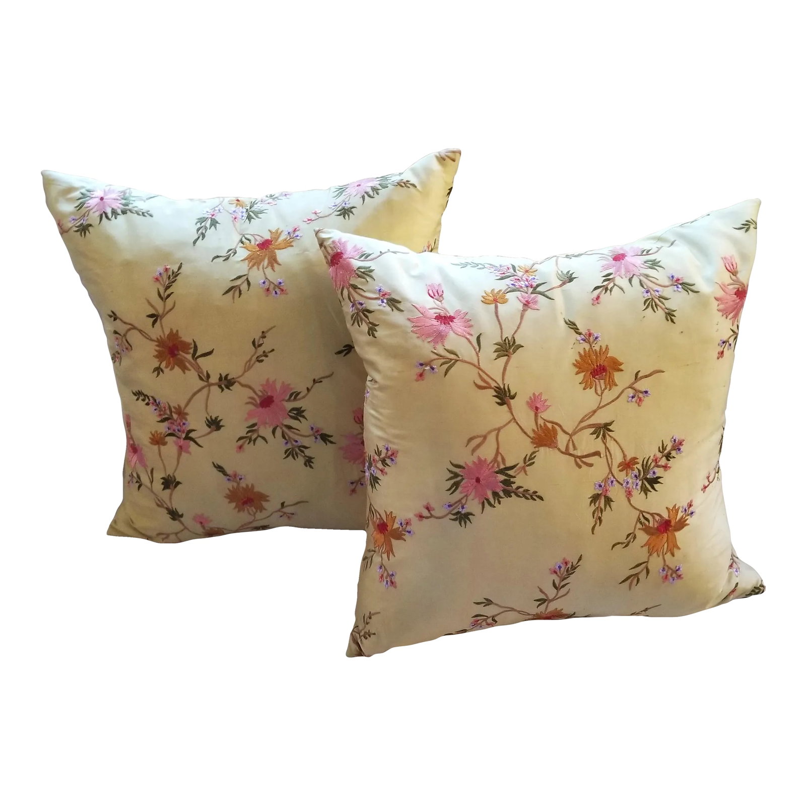 Pair of Embroidered Silk Throw Pillows: These beautiful yellow-green silk pillows would make an elegant addition to your home. Featuring a swath of floral embroidery, they're sure to add character and a sense of peace to your space. Nice