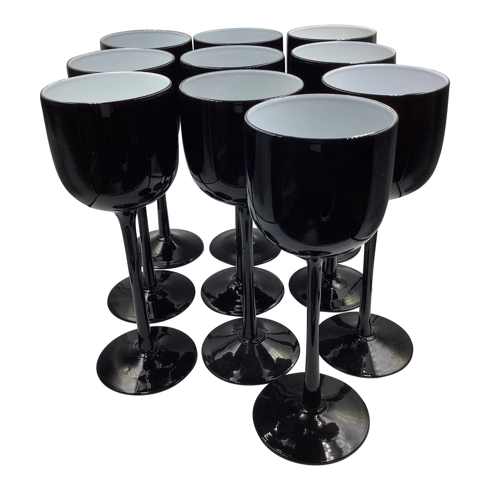 Vintage Carlo Moretti Italy Black White Tall Stem Cased Glass Wine Glasses - Set of 10: A fabulous set of 10 tall stem vintage 1960s Carlo Moretti Italian hand blown wine glasses in black with white interior. It is rare to find a set this big. They are in excellent vintage condition.