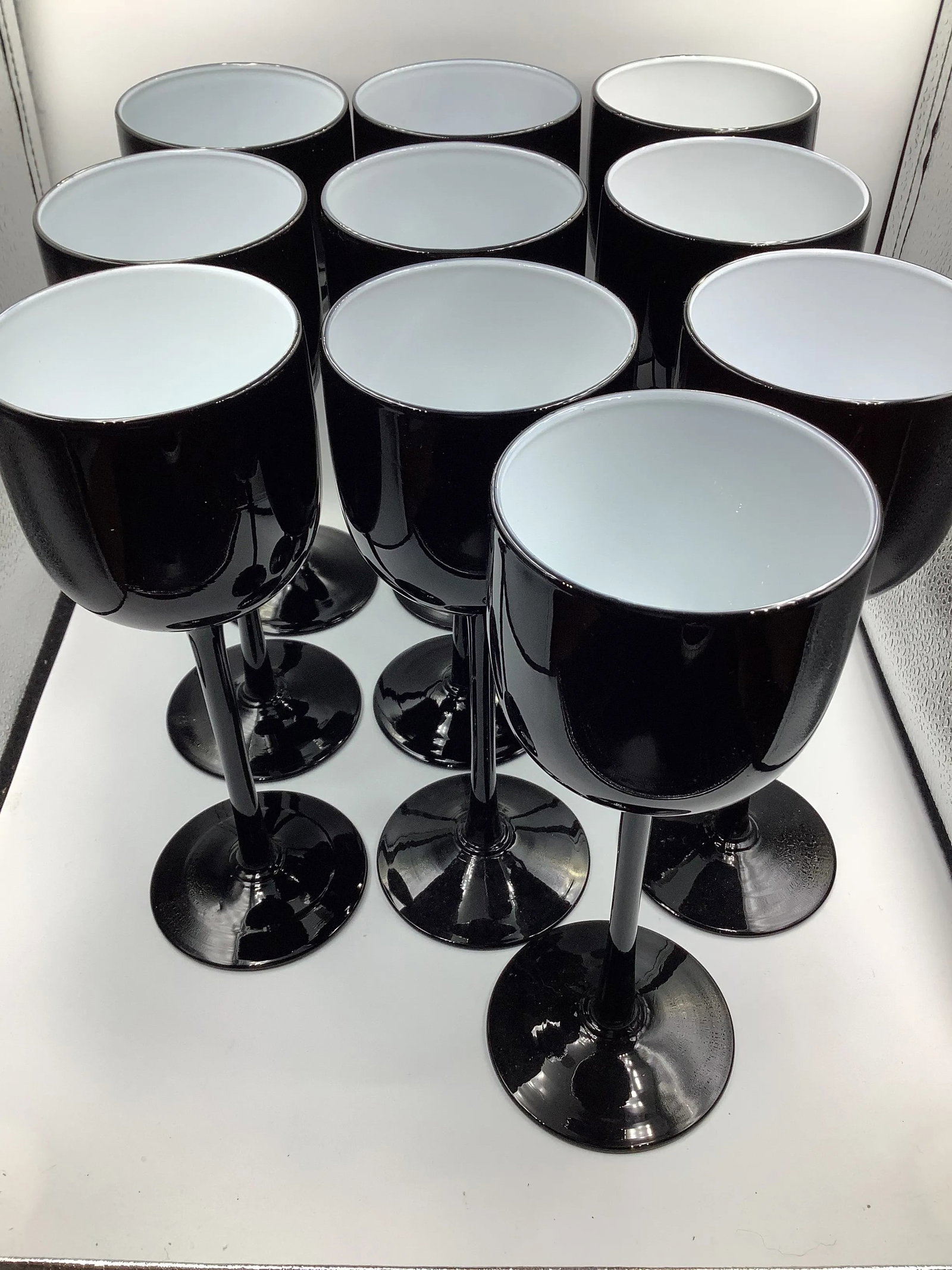 Vintage Carlo Moretti Italy Black White Tall Stem Cased Glass Wine Glasses - Set of 10 - 6