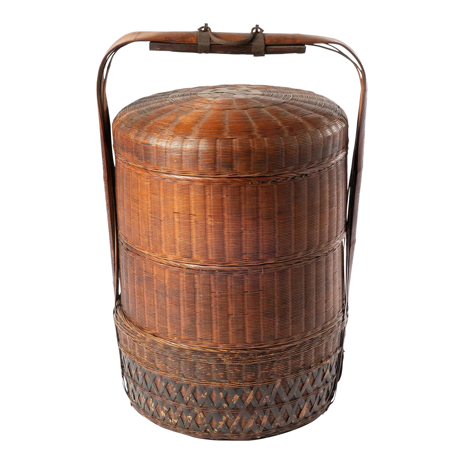 Antique Chinese Wedding Basket: This beautiful woven Chinese wedding basket comes apart into three sections. These types of baskets were used to deliver gifts of food to newlyweds on their wedding day. Condition: Alterations: