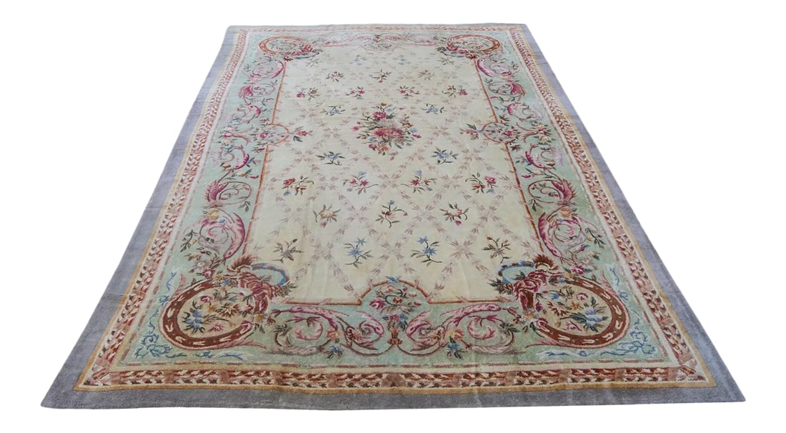 Vintage Hooked French Savonnerie Design Wool Rug - 10'x 16': Classic French Savonnerie Design, Hand hooked, All wool. A Traditional rug with whimsical pattern and colors, perfect for living room or dining room. Condition: Alterations: Original Condition