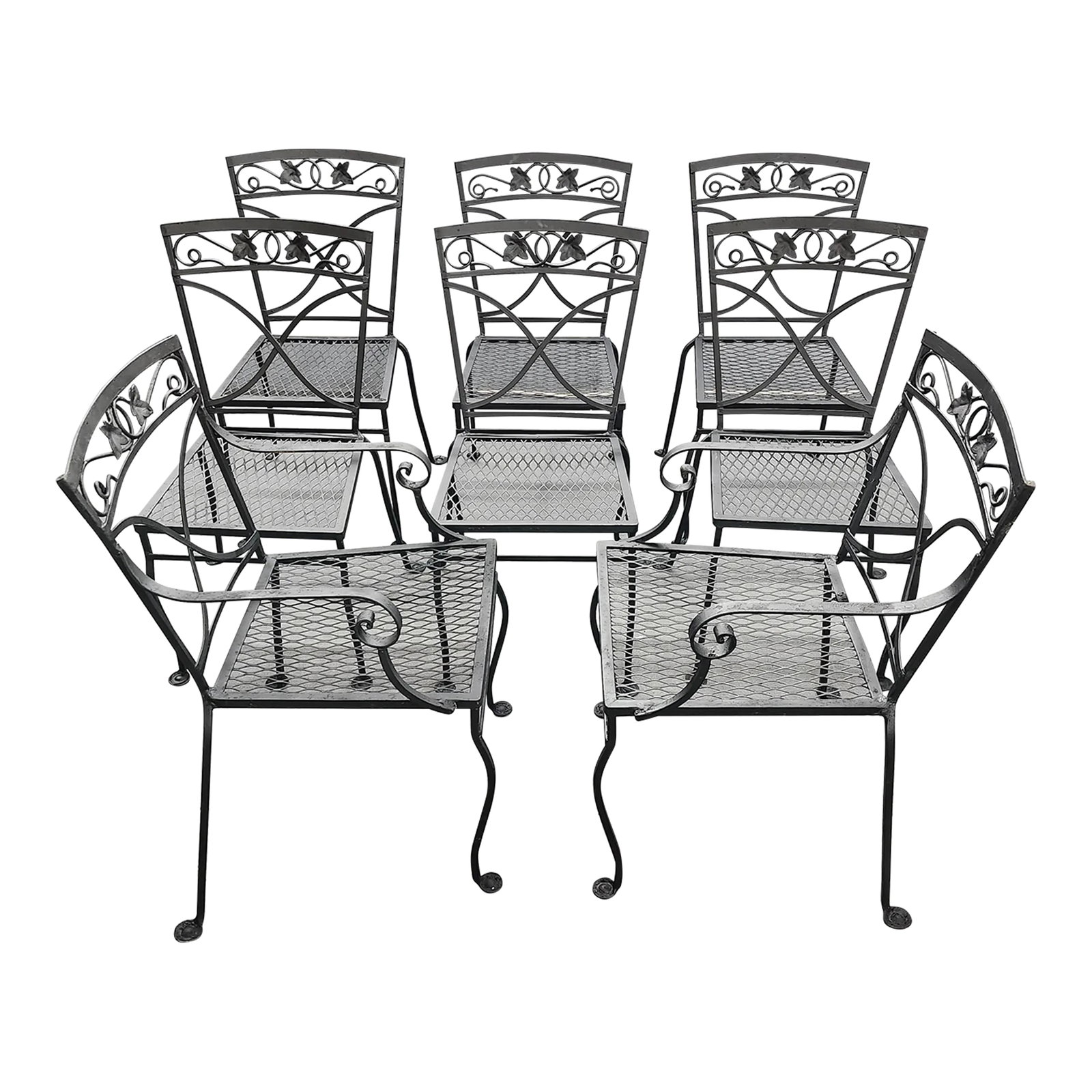 Early 20th Century Salterini Mt. Vernon Wrought Iron Patio Chairs - Set of 8: Salterini Patio chairs set-8 Chairs Wrought Iron MT VERNON PATTERN This beautiful patio set by Salterini features a stunning wrought iron design with the Mount Vernon pattern. The set includes eight