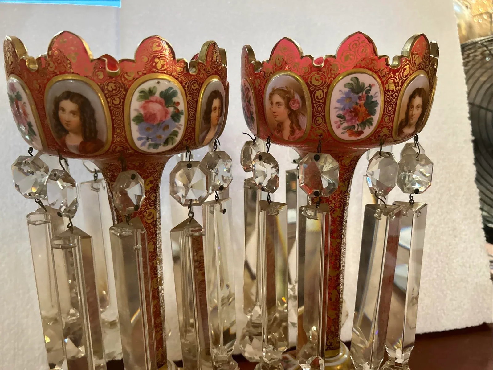 Pair of 19th Century Portraits Gold Plated Hand Painted Moser Lusters, Overlay - 10
