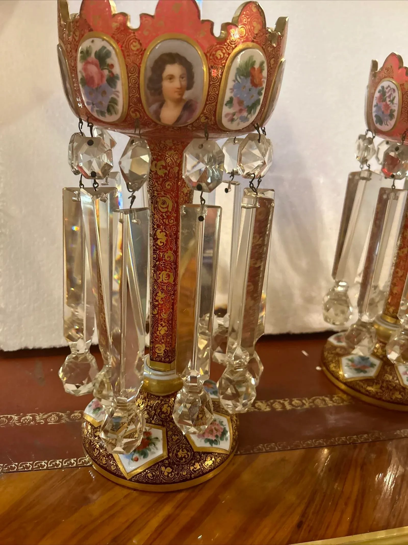 Pair of 19th Century Portraits Gold Plated Hand Painted Moser Lusters, Overlay - 12