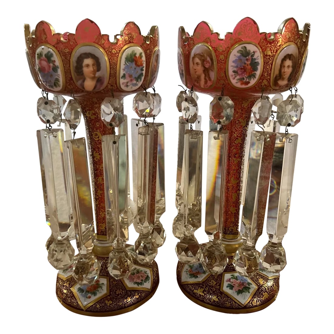 Pair of 19th Century Portraits Gold Plated Hand Painted Moser Lusters, Overlay: pair of 19th century portraits gold plated hand painted moser lusters overlay, exceptional quality portraits painting. Excellent condition.Cranberry color, most desirable. 12 inches tall, original 24
