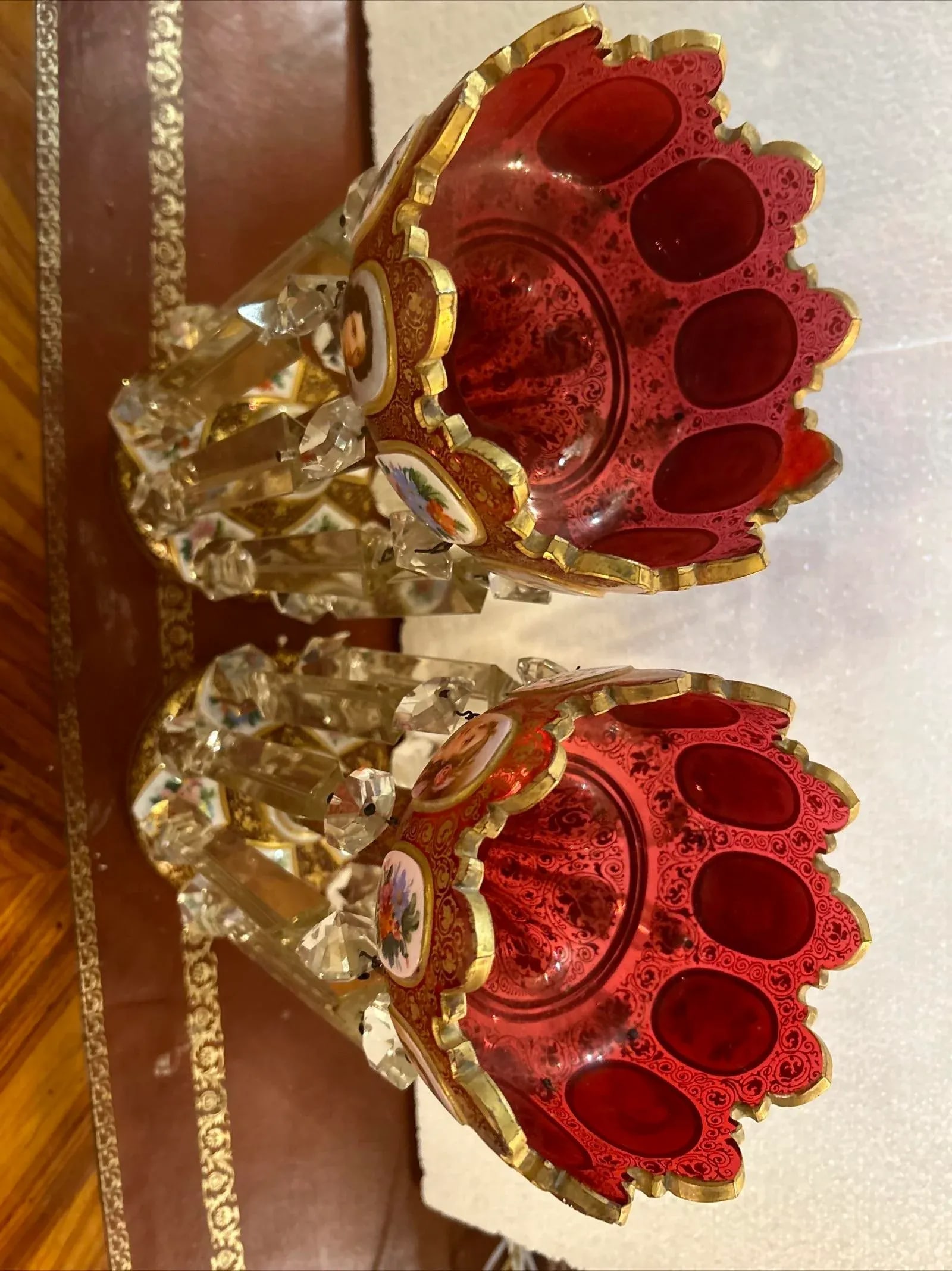 Pair of 19th Century Portraits Gold Plated Hand Painted Moser Lusters, Overlay - 2