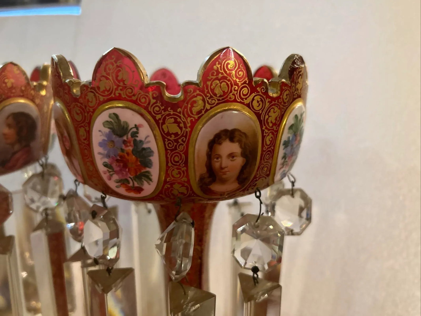 Pair of 19th Century Portraits Gold Plated Hand Painted Moser Lusters, Overlay - 3