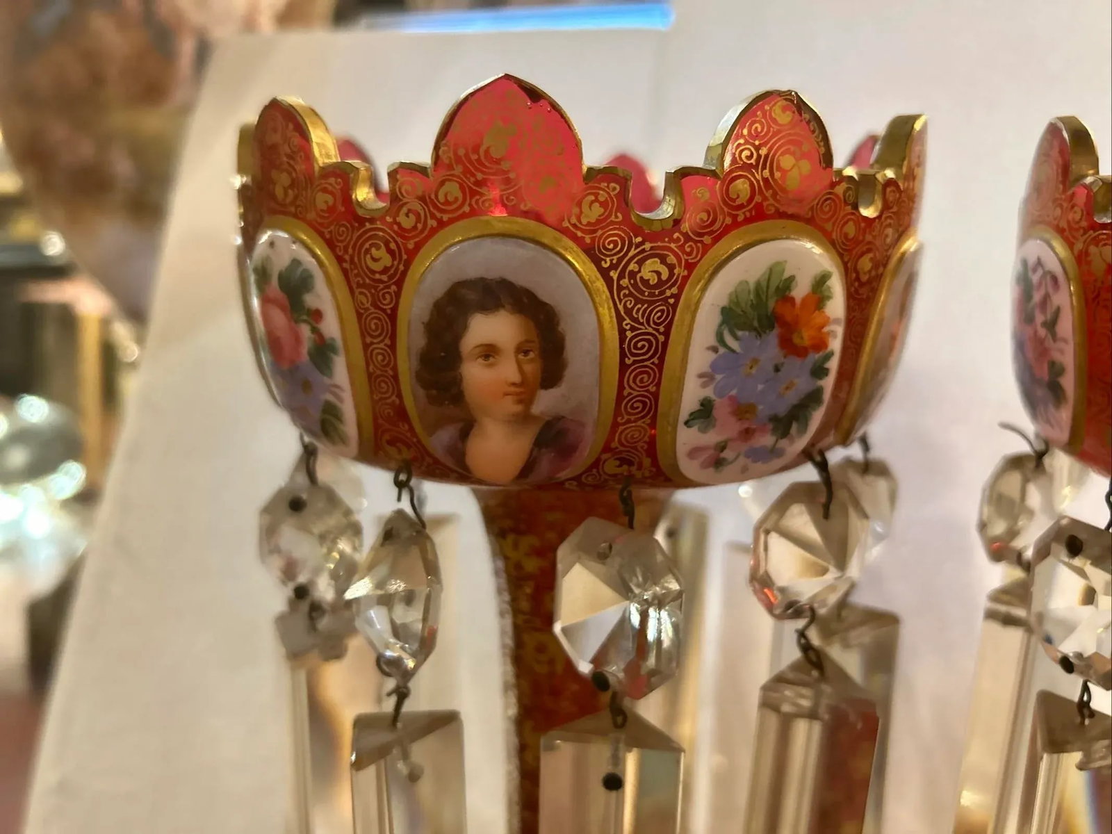 Pair of 19th Century Portraits Gold Plated Hand Painted Moser Lusters, Overlay - 5