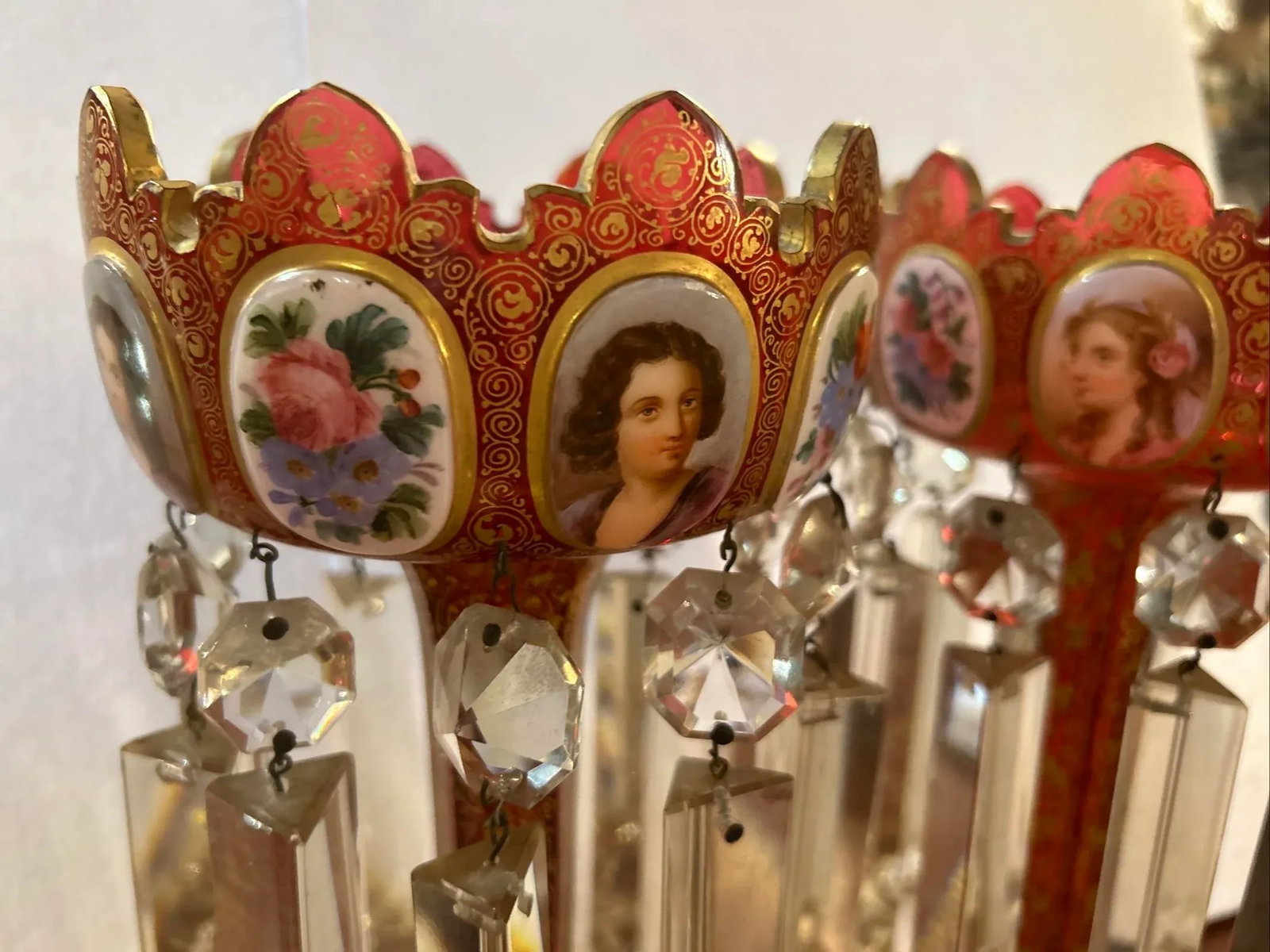 Pair of 19th Century Portraits Gold Plated Hand Painted Moser Lusters, Overlay - 6