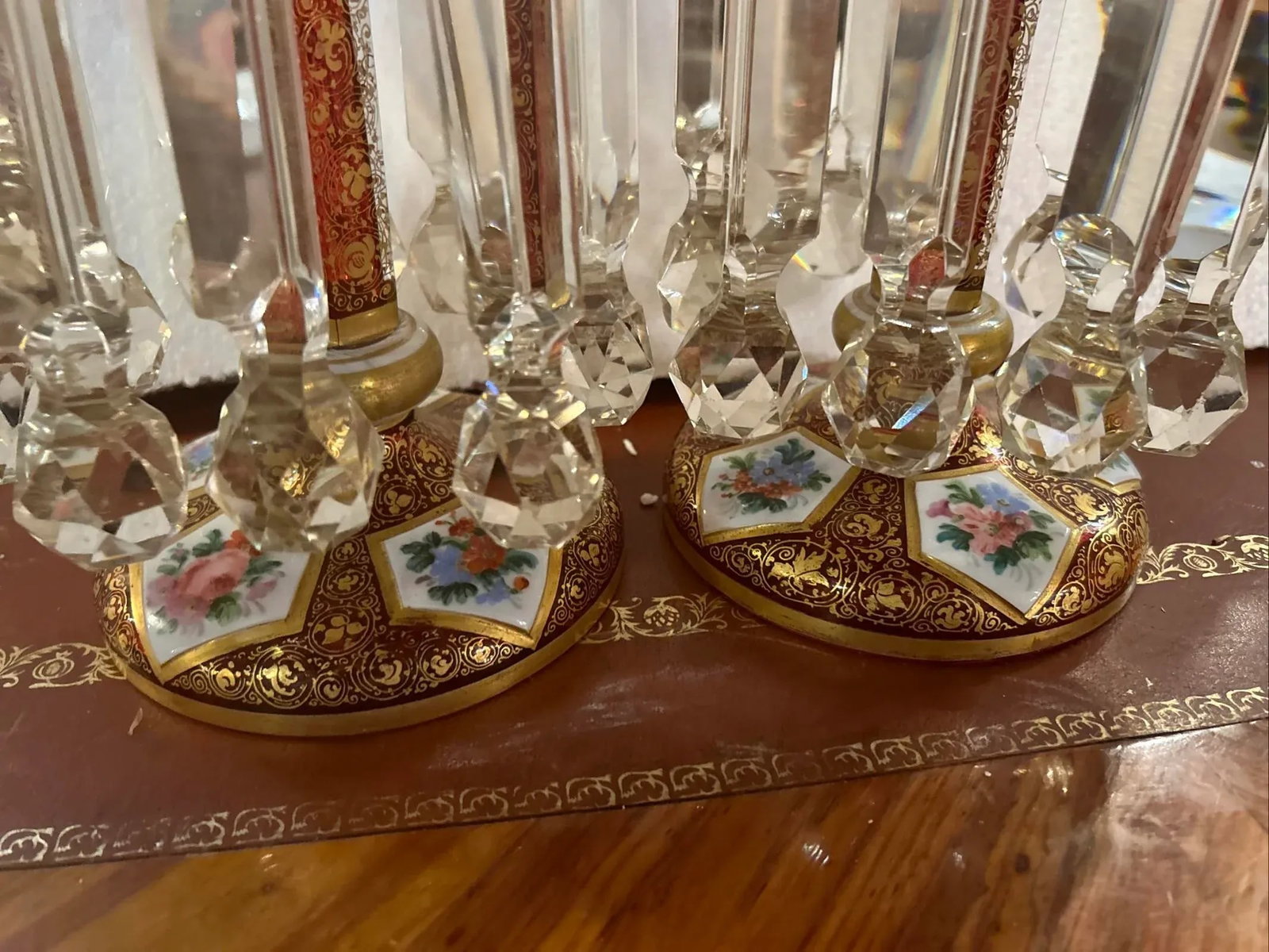 Pair of 19th Century Portraits Gold Plated Hand Painted Moser Lusters, Overlay - 8